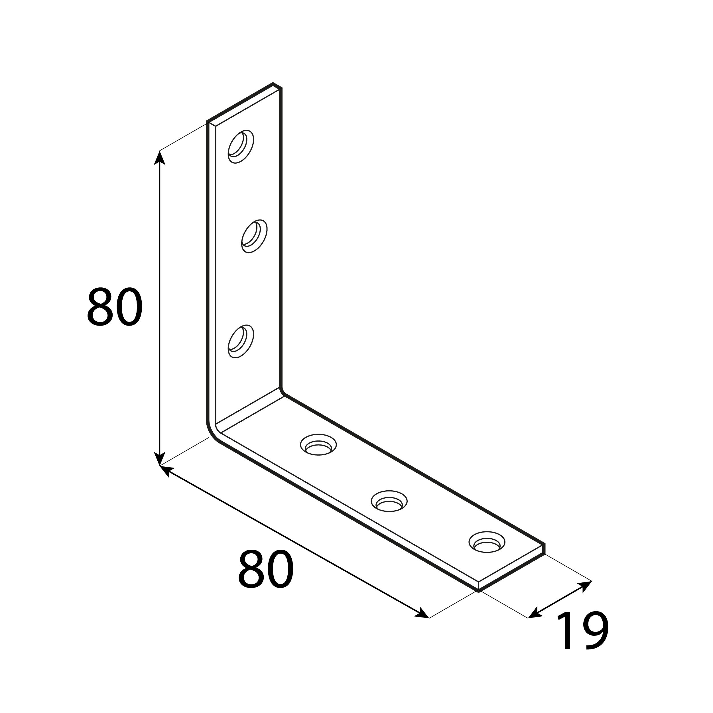 Kątownik meblowy stolarski wąski KW 80, 80x80x19 mm, 20 szt., 80x80x19x2,0 mm, Stal konstrukcyjna DC01, srebrny, ujęcie 2.