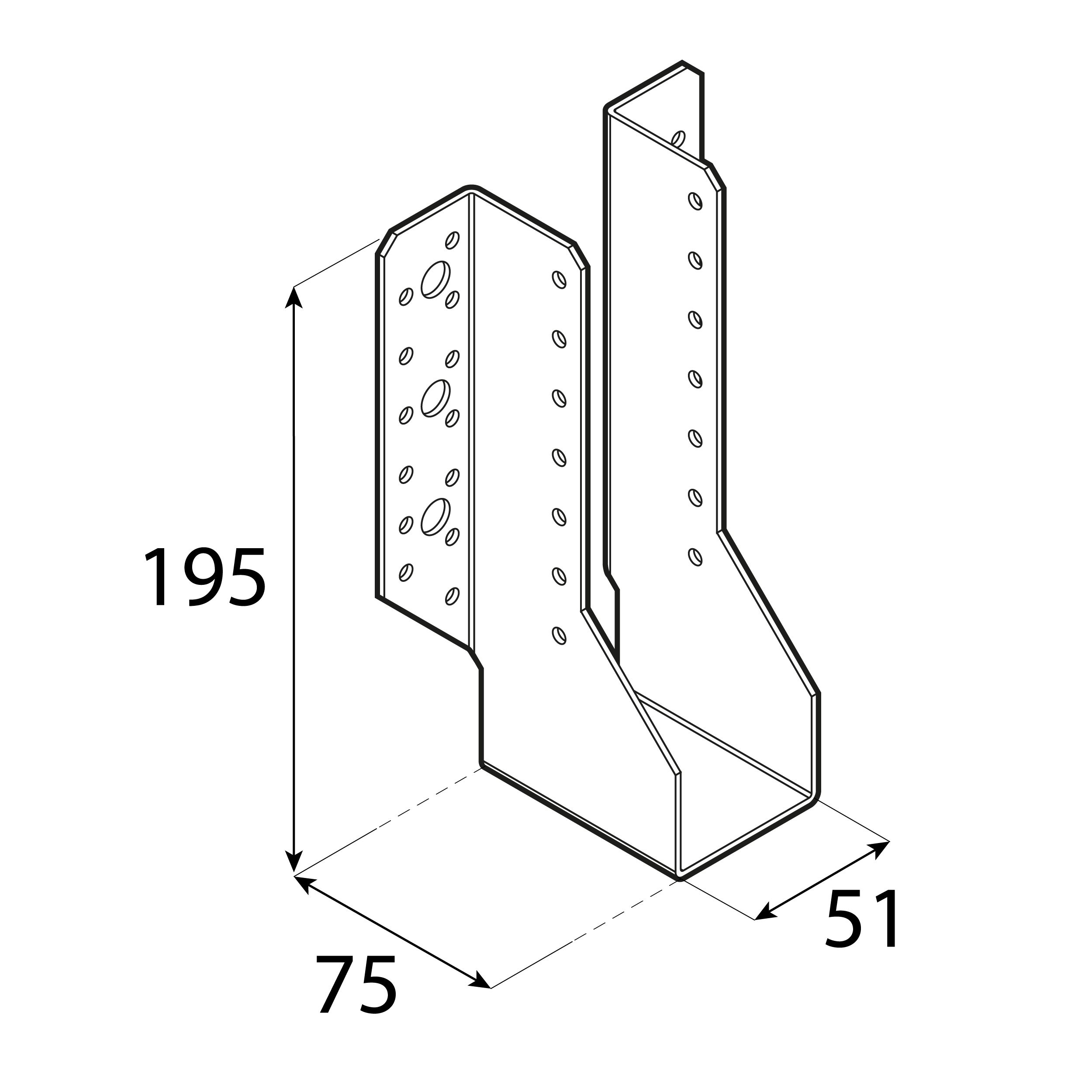 Wieszak belki uchwyt belki drewnianej WB 13, 51x195x75 mm, srebrny, 51x195x75x2,0 mm, Stal konstrukcyjna DX51D 2, ujęcie 1.