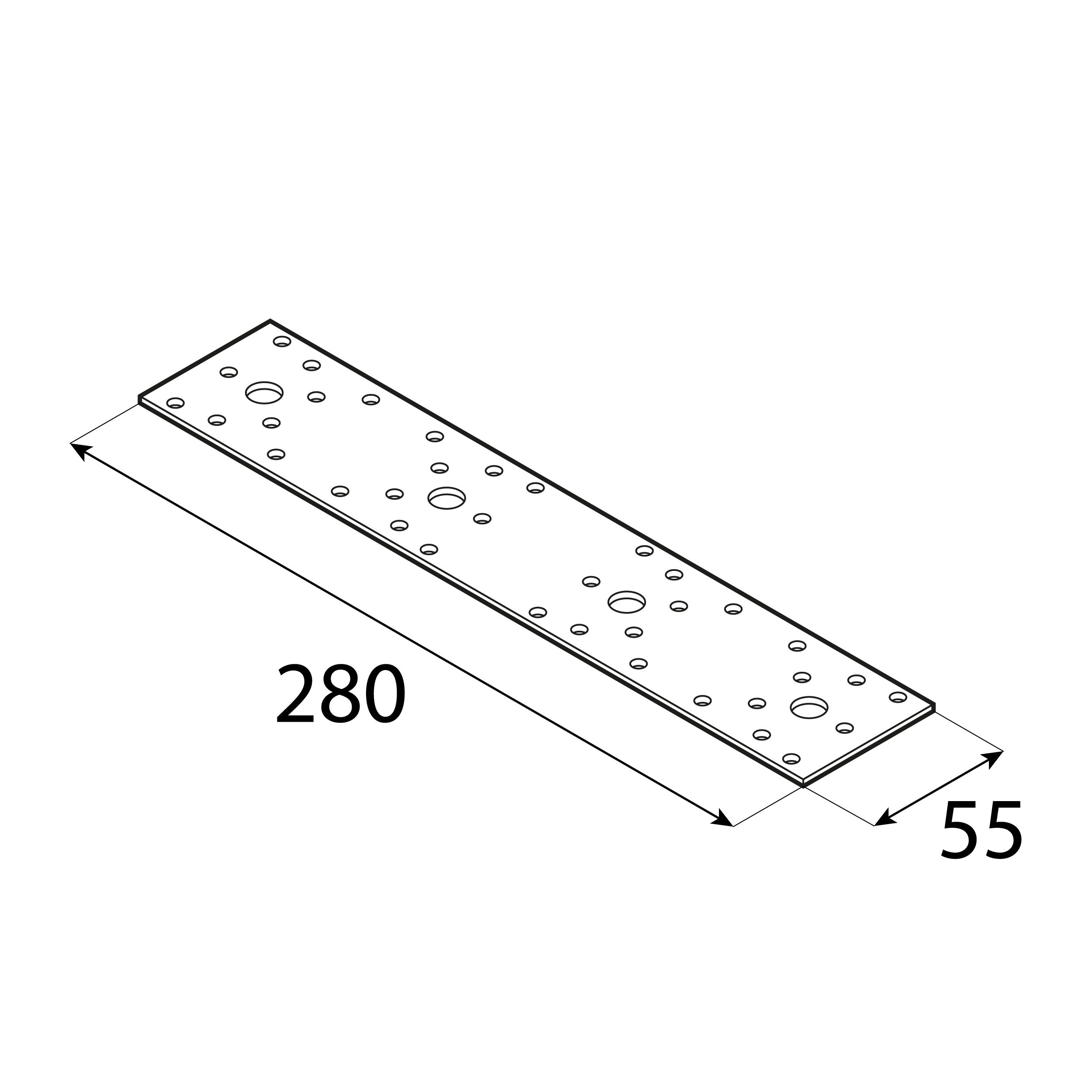 Łącznik płaski płaskownik - LP 4 | 280x55 mm | 2,5 mm Łącznik płaski płaskownik LP 4, 280x55 mm, 2, 5 mm, 280x55x2,5 mm, Stal konstrukcyjna DX51D, srebrny, ujęcie 1.