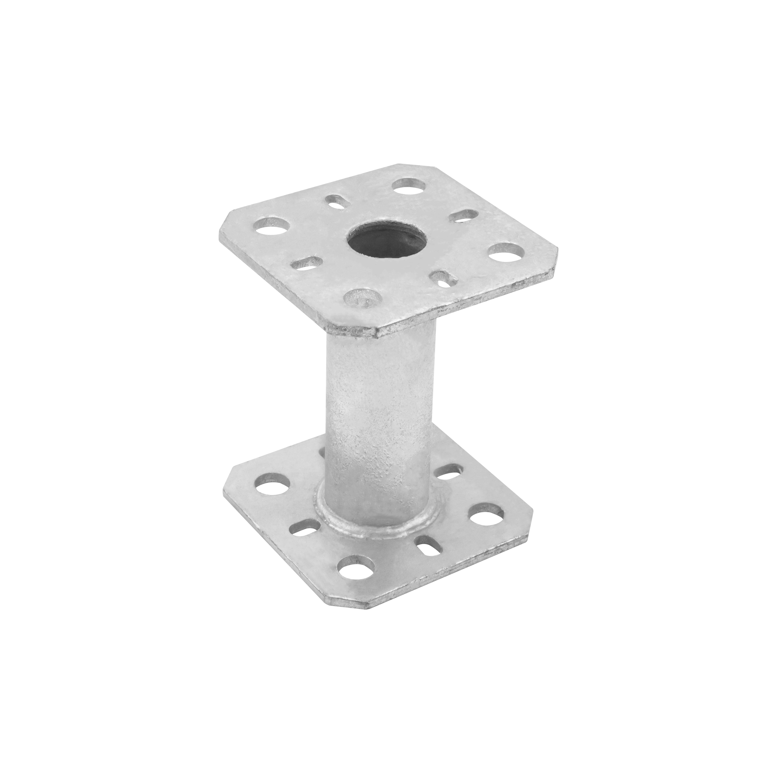 Podstawa słupa kotwa wspornik płaska z rurą - PMF | 80x80 mm | 100 mm | Srebrny Podstawa słupa kotwa wspornik płaska z rurą PMF, 80x80 mm, 100 mm, srebrny, 80x80x100x4,0 mm.