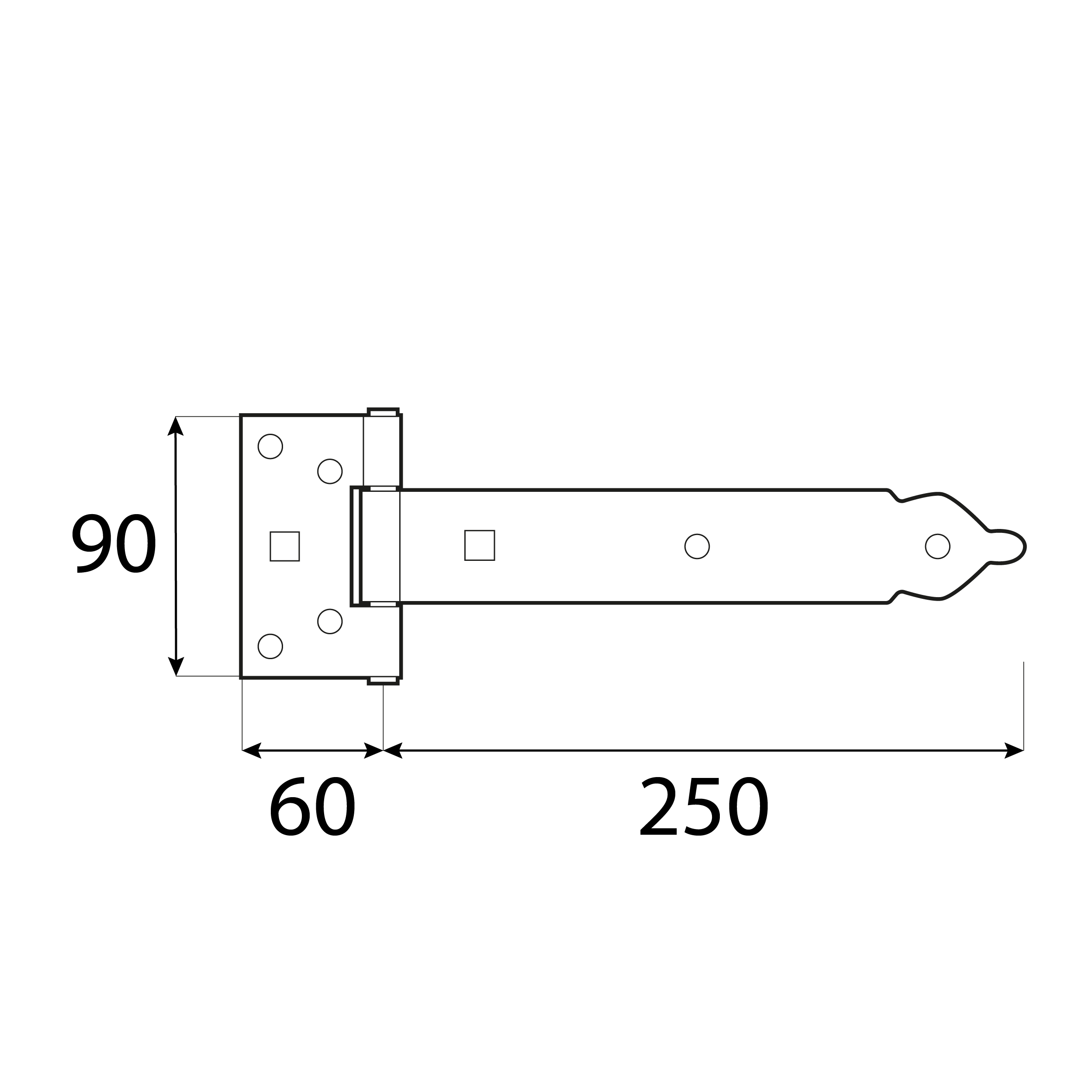 Zawias bramkowy ozdobny ZBO 250, 250 mm, 250x60x90x2,5 mm 2.