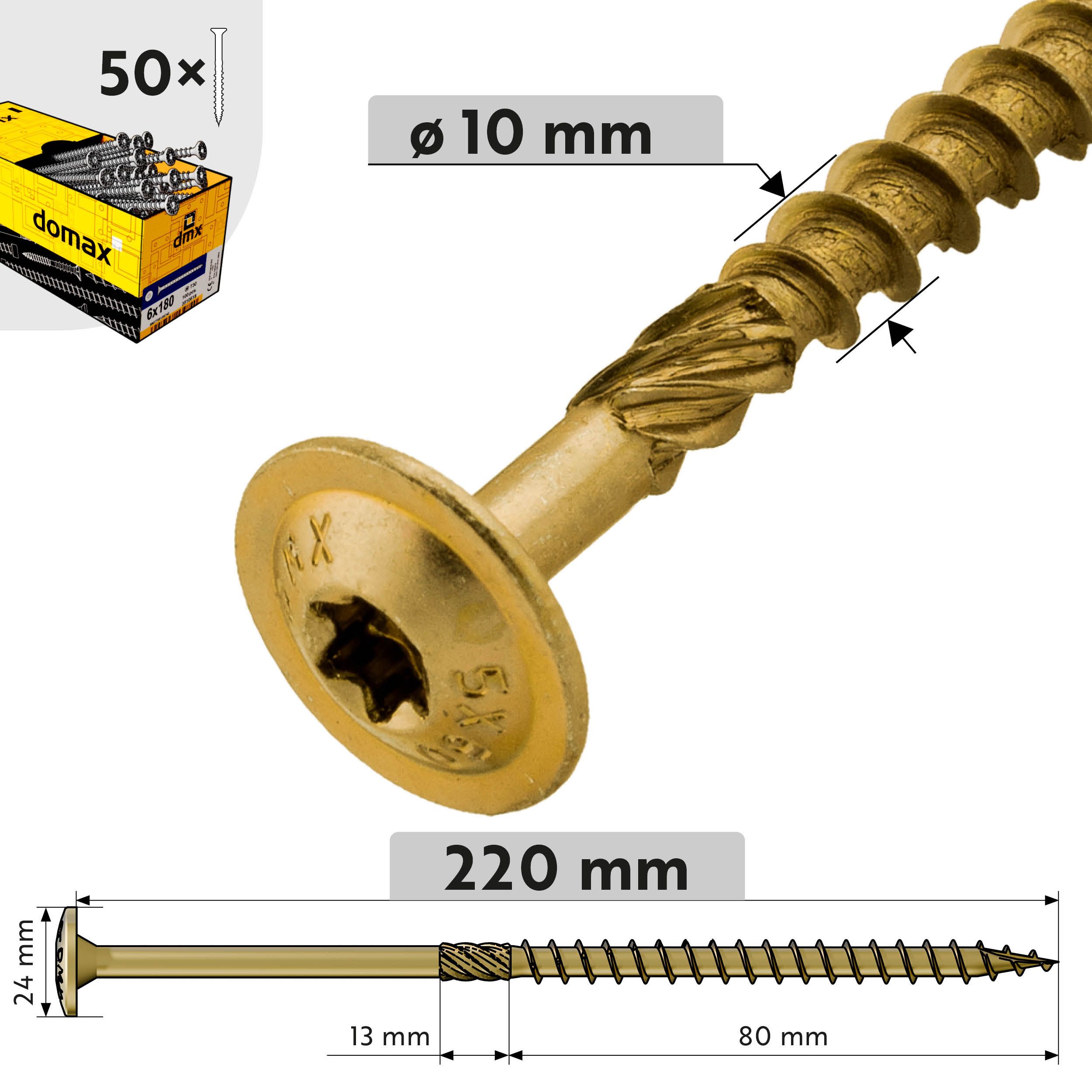 Wkręty ciesielskie do drewna talerzowe TORX - CT | 10 x 220 mm | Złoty | 50 szt