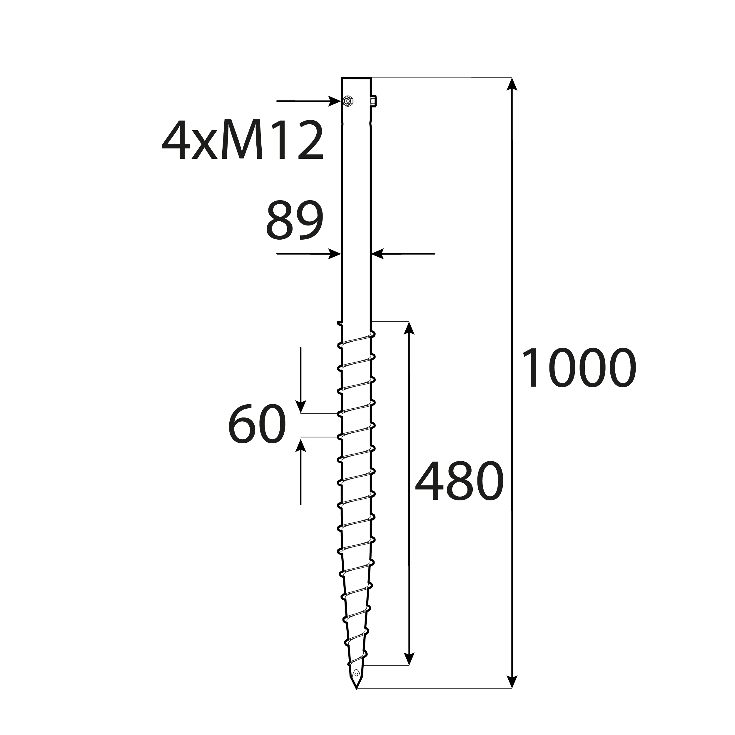 Podstawa słupa wkręcana do gruntu do dużych konstrukcji - PWG | 89x1000 mm Podstawa słupa wkręcana do gruntu do dużych konstrukcji PWG, 89x1000 mm, 89x1000x3,0 mm, 4xM12 1000.