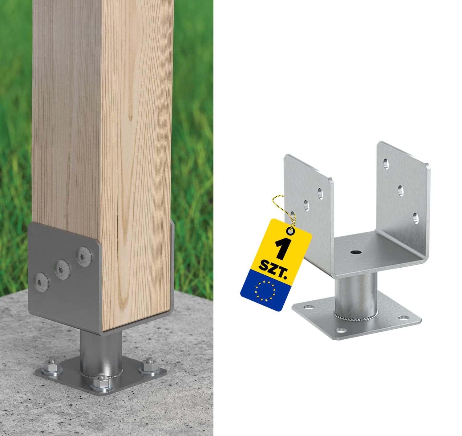 Podstawa słupa kotwa przykręcana typ U z rurą - PMFU | 100 mm | 163 mm | Srebrny Podstawa słupa kotwa przykręcana typ U z rurą PMFU, 100 mm, 163 mm, srebrny, ujęcie produktu.