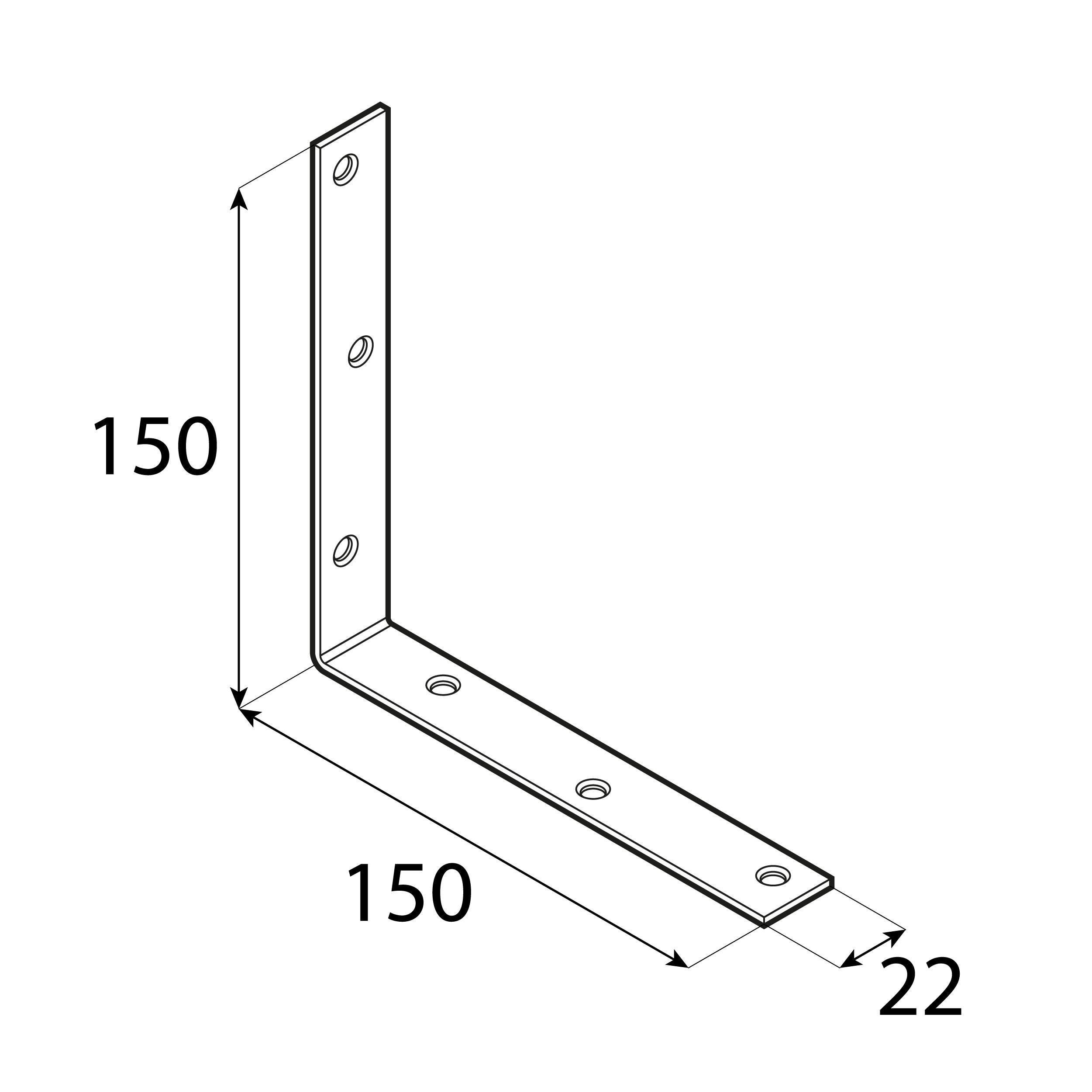 Kątownik meblowy stolarski wąski KW 150, 150x150x22 mm, 20 szt., 150x150x22x2,0 mm, Stal konstrukcyjna DC01, srebrny, ujęcie 2.