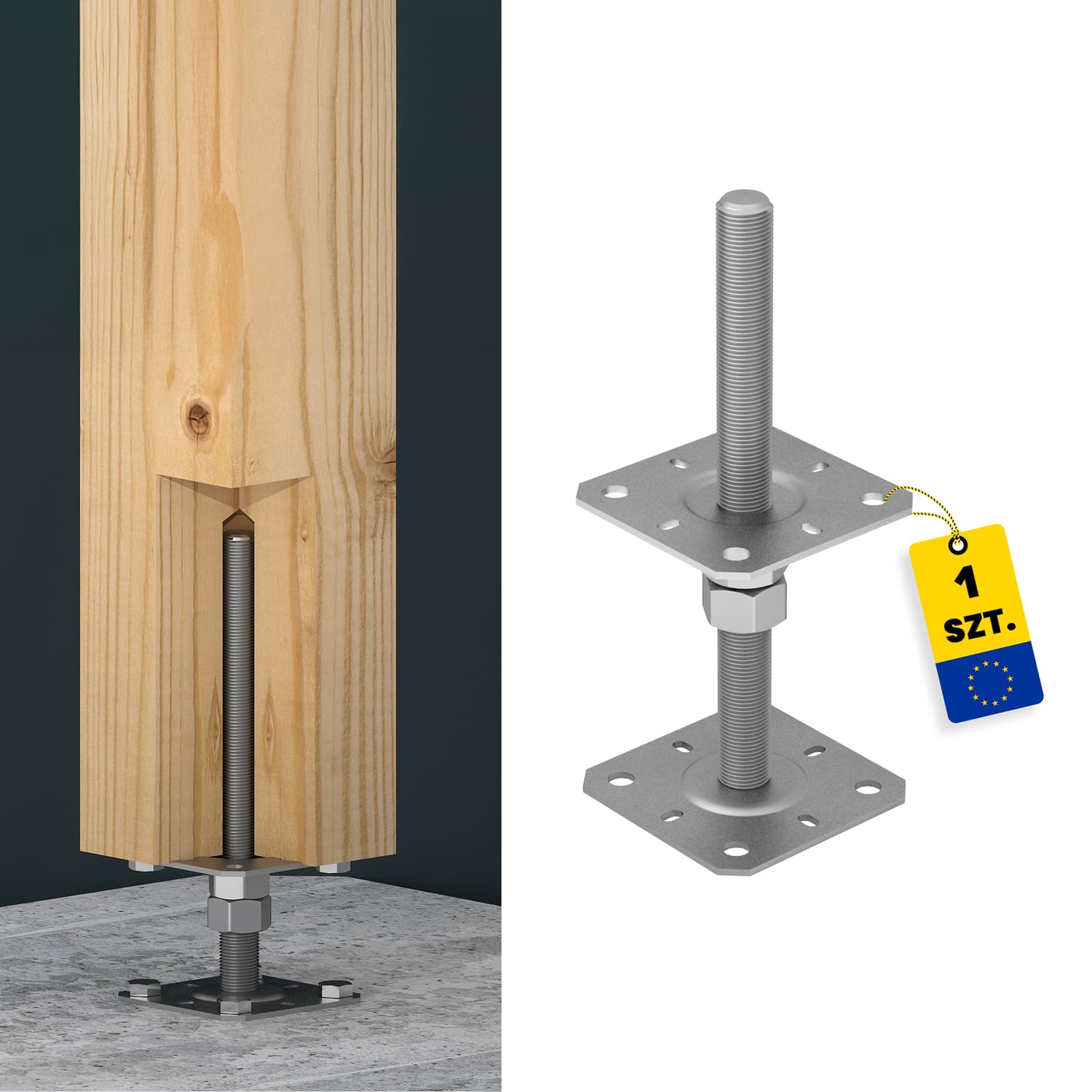 Podstawa słupa kotwa płaska gwintowana regulowana wysokość - PSR | 100x250 mm | M24 | Srebrny