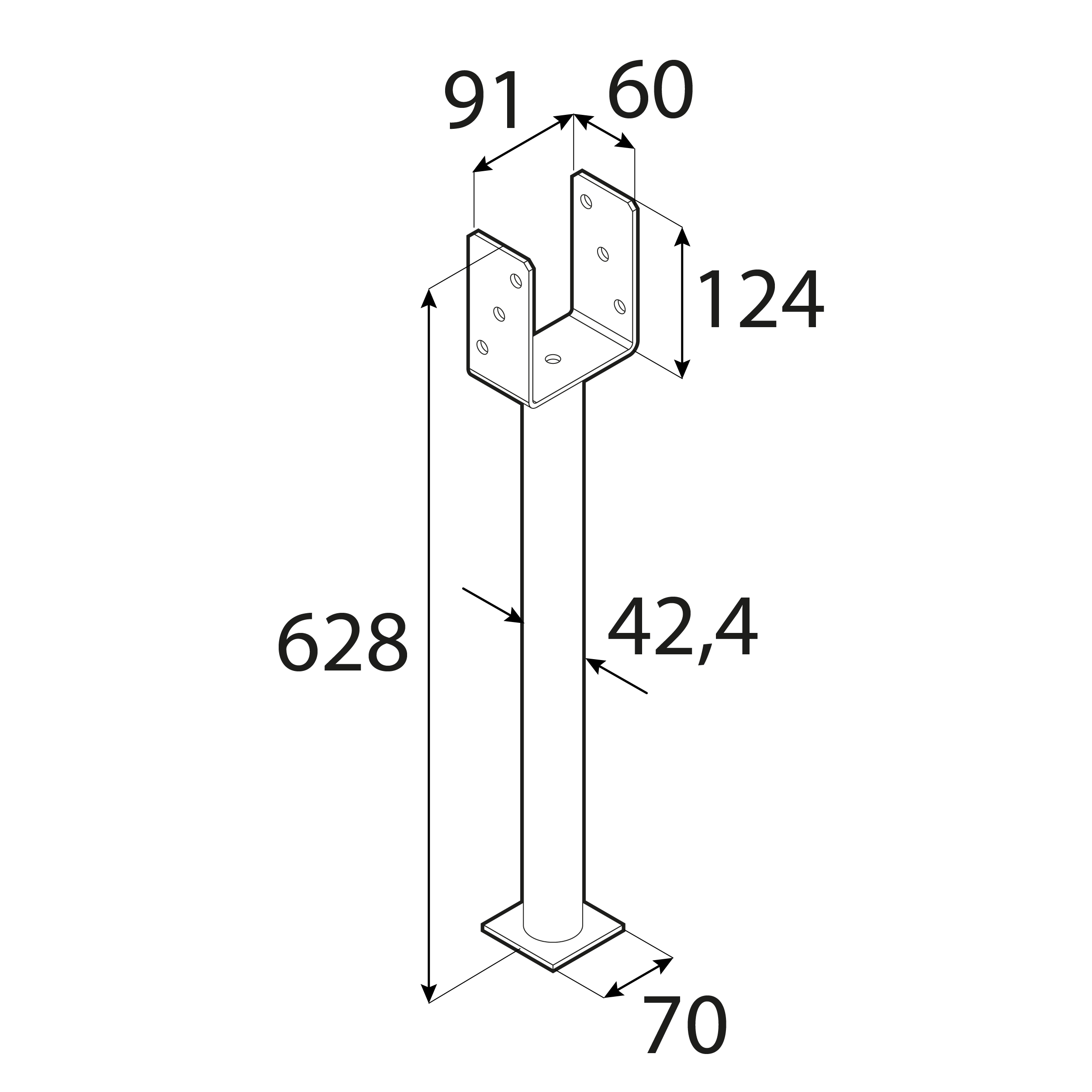 Podstawa słupa kotwa typ U z długa rurą - PS 500 | 90 mm | 628 mm Podstawa słupa kotwa typ U z długa rurą PS 500, 90 mm, 628 mm, 91x628x124x4,0 mm 2, ujęcie 1.