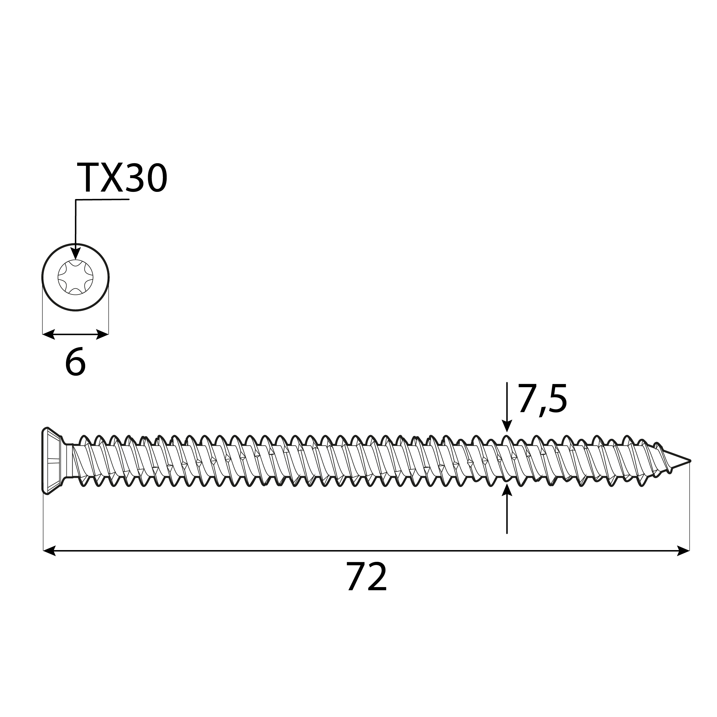 Wkręty do ościeżnic z łbem stożkowym TORX CBS, 7, 5x72 mm, srebrny, 100 szt., 5x72 mm, Hartowana stal węglowa 2.
