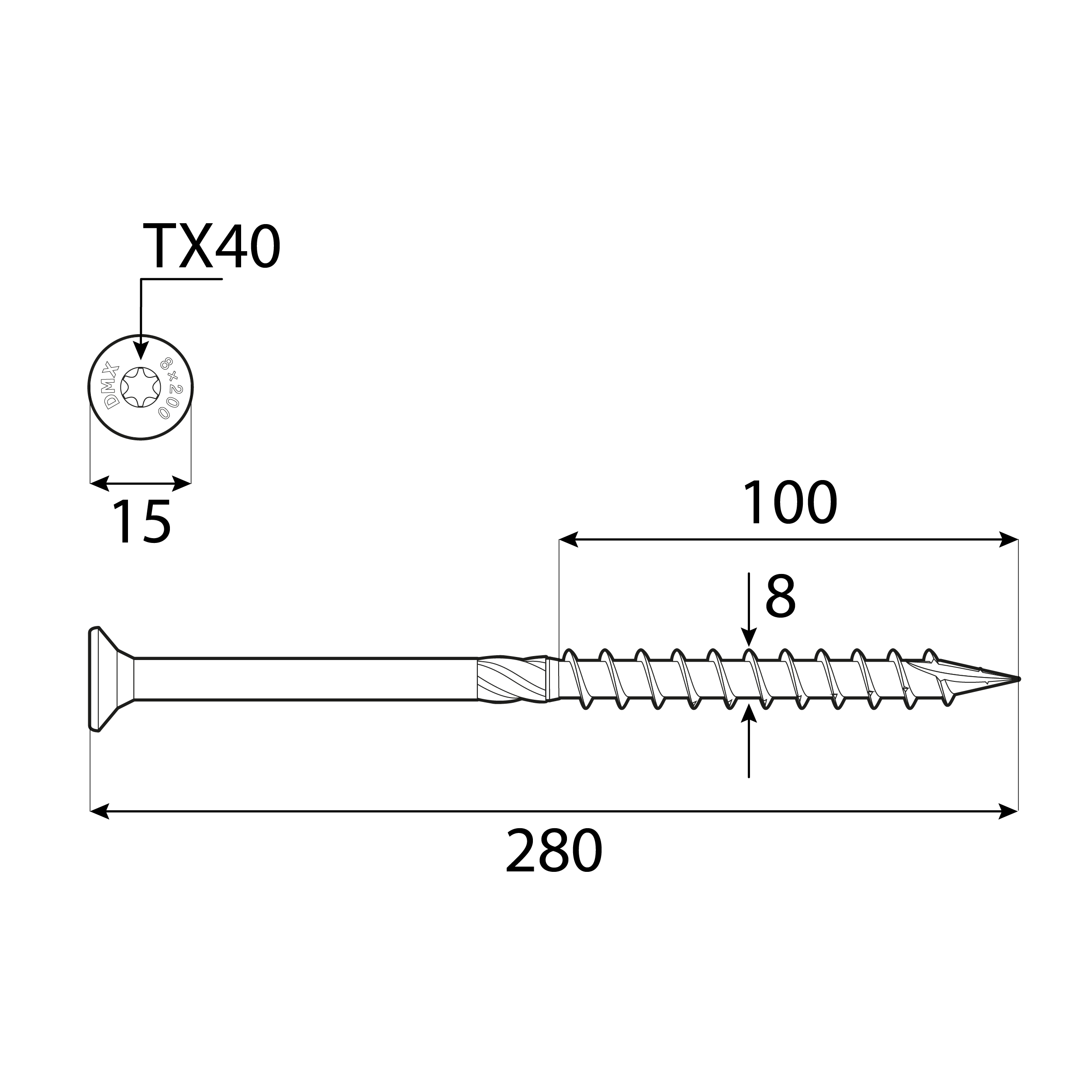 Wkręty ciesielskie do drewna stożkowe TORX - CS | 8 x 280 mm | Złoty | 50 szt Wkręty ciesielskie do drewna stożkowe TORX CS, 8x280 mm, Złoty, 50 szt., 8x280 mm 2, ujęcie 1.