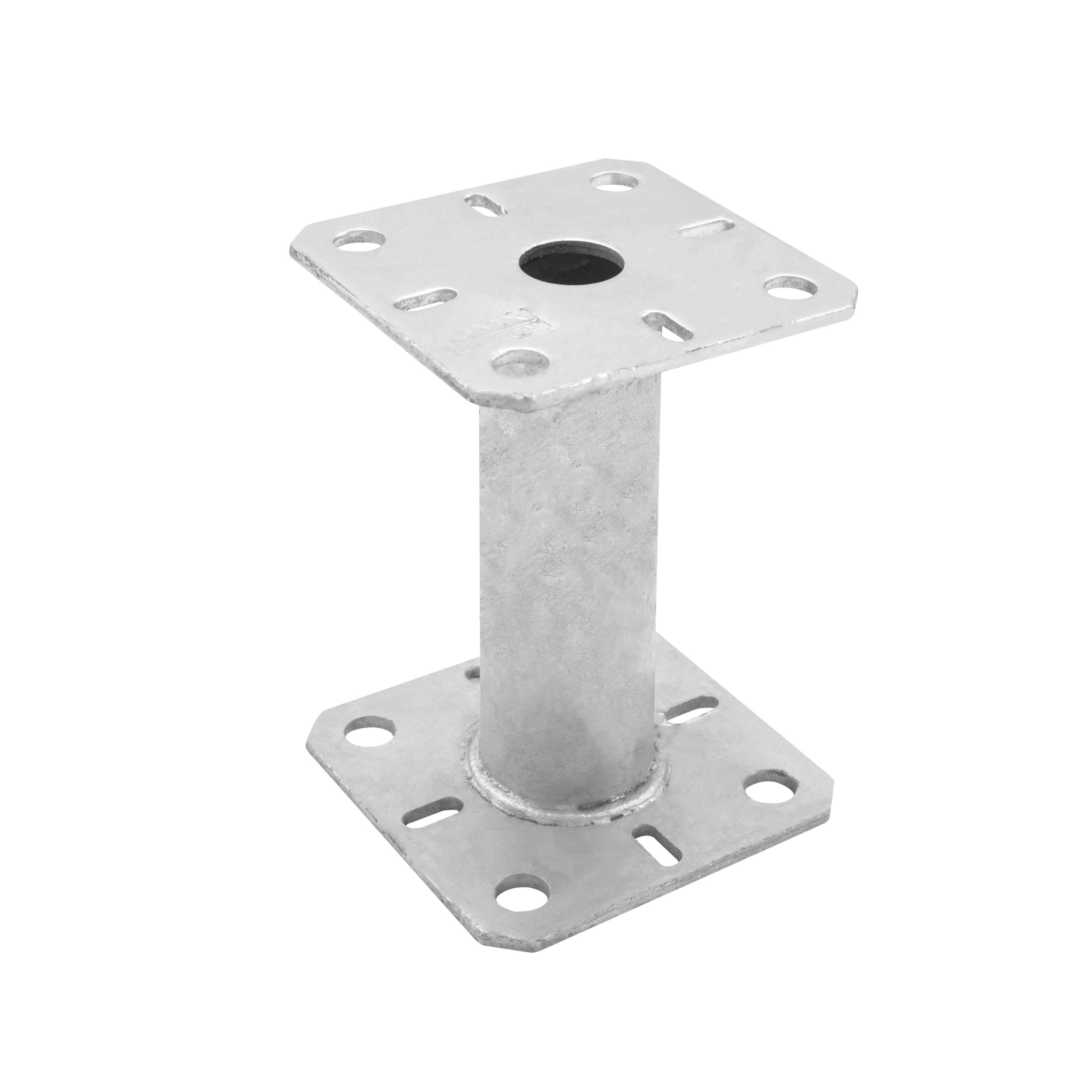 Podstawa słupa kotwa wspornik płaska z rurą PMF, 100x100 mm, 150 mm, srebrny, 100x100x150x4,0 mm.