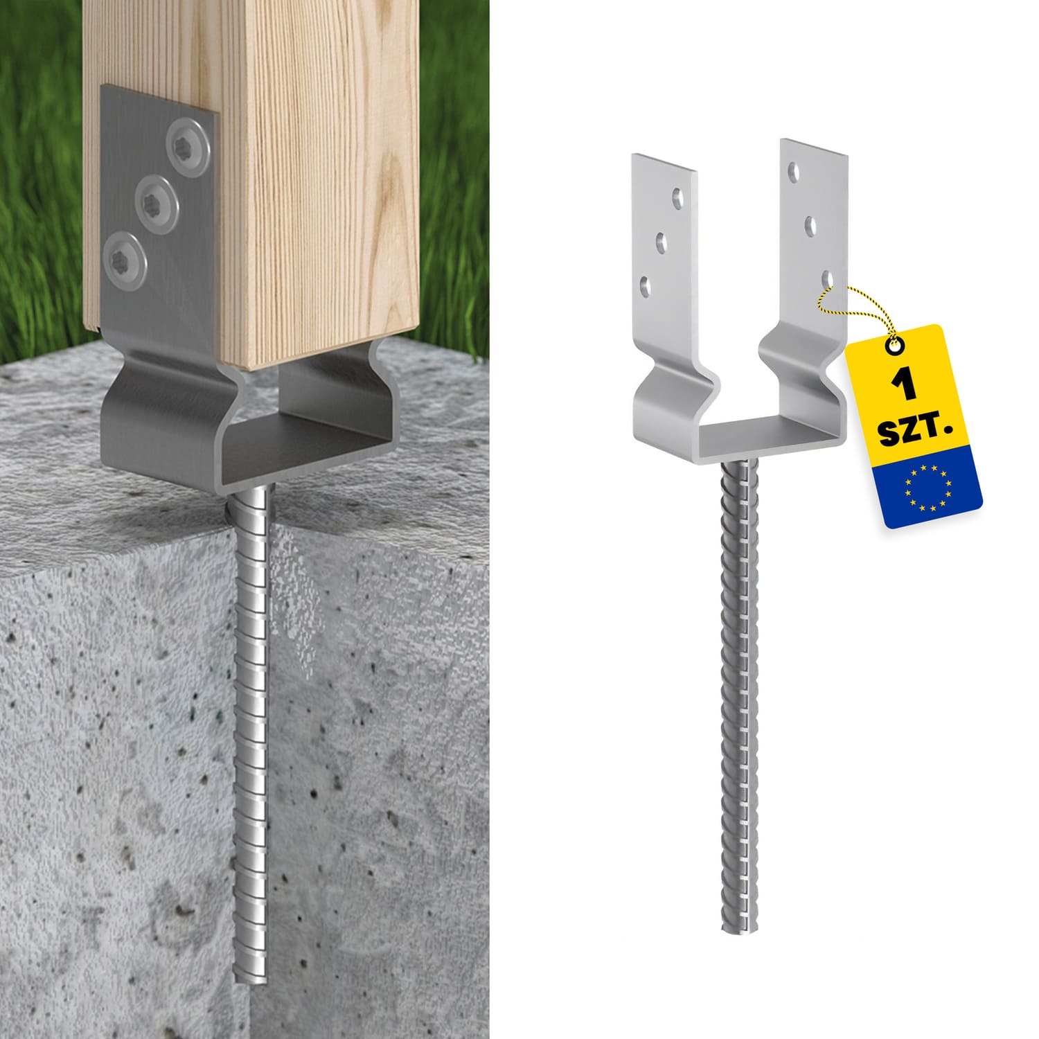 Podstawa słupa kotwa do betonu typ U z siodełkiem PSZ, 140 mm, 141x150x60x4,0 mm, ujęcie produktu.