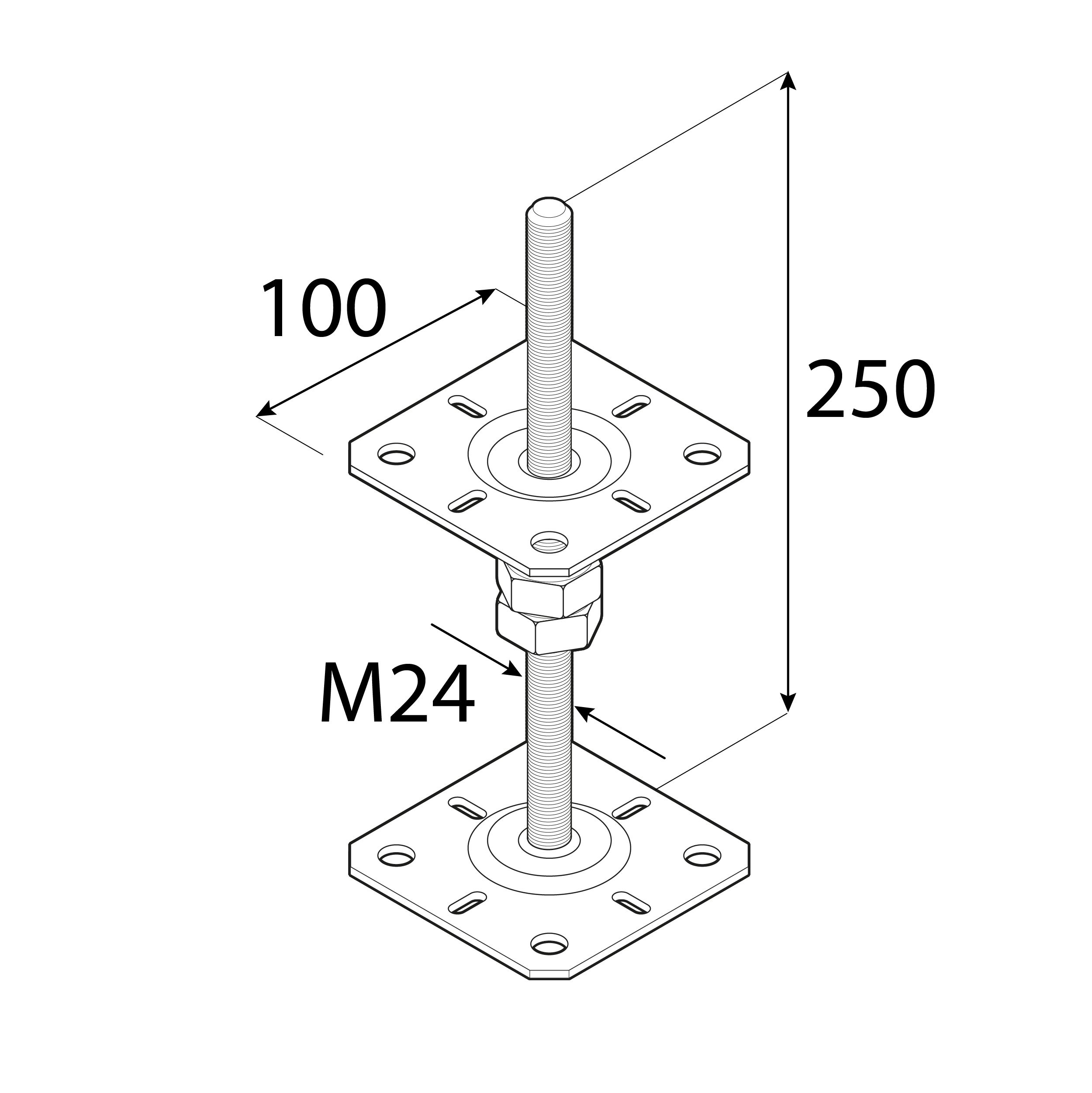 Podstawa słupa kotwa płaska gwintowana regulowana wysokość PSR, 100x250 mm, M24, czarny 2.