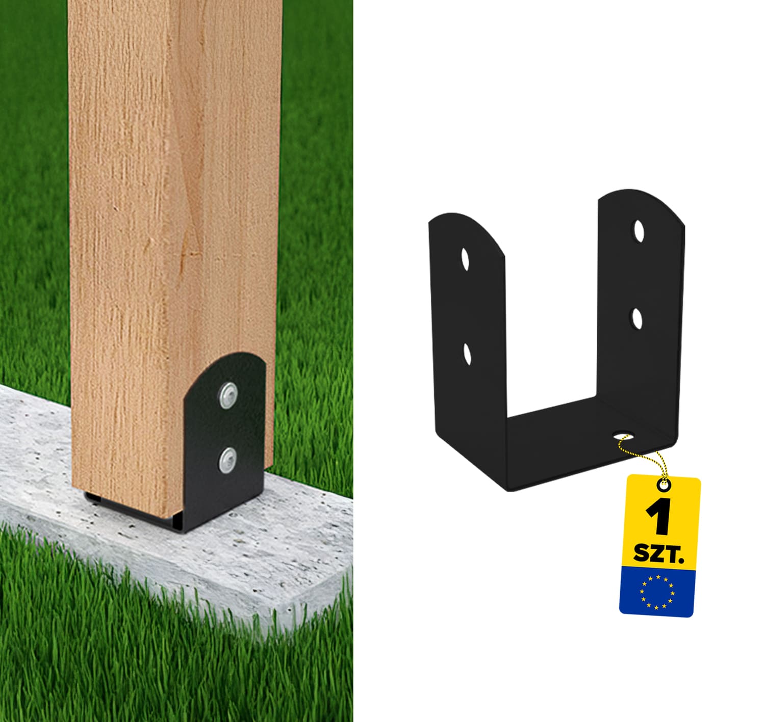 Podstawa słupa kotwa przykręcana do betonu typ U lekka PSOL, 90 mm, Antracyt, 91x71x120x2,5 mm, ujęcie produktu.