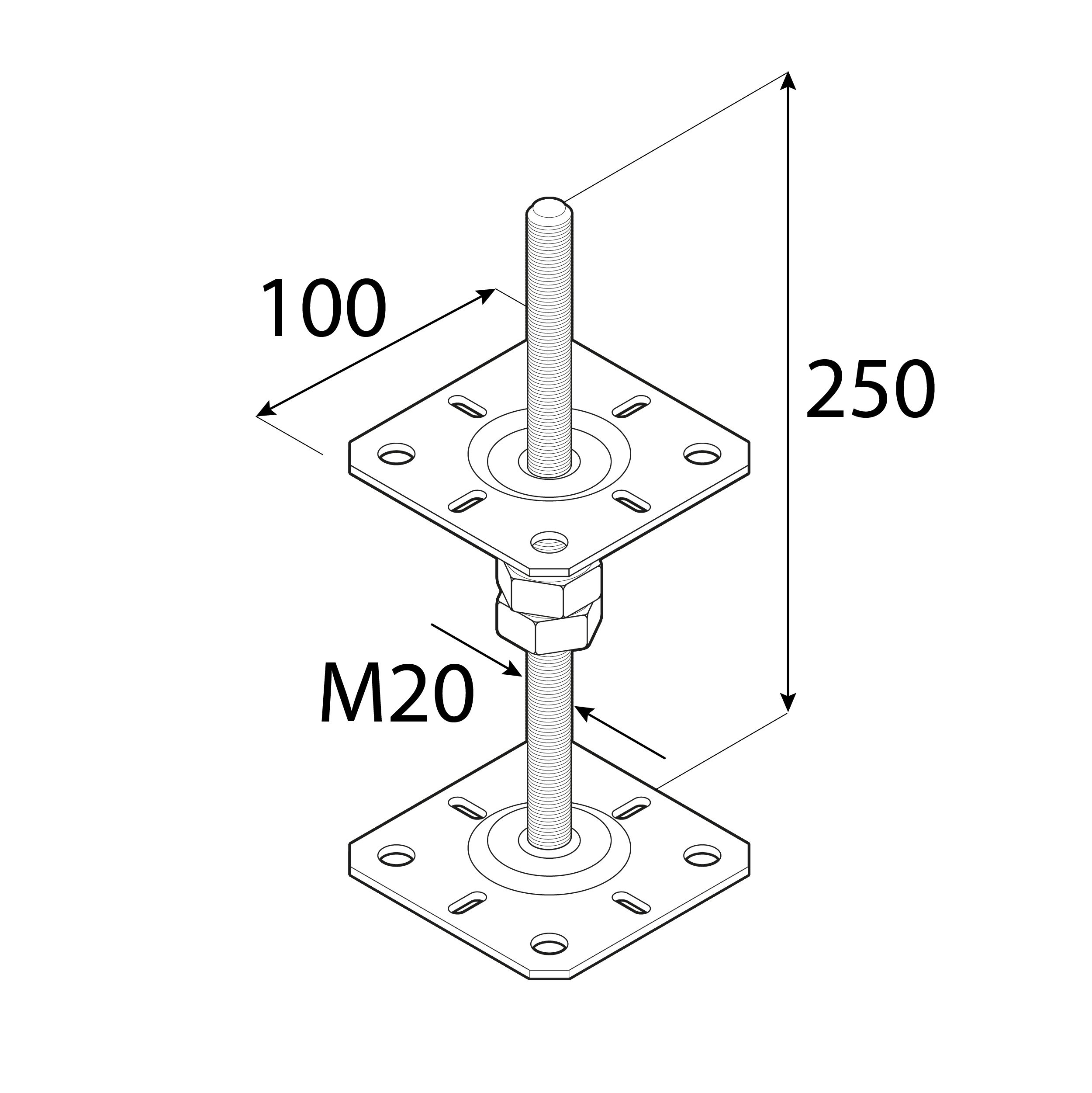 Podstawa słupa kotwa płaska gwintowana regulowana wysokość - PSR | 100x250 mm | M20 | Srebrny Podstawa słupa kotwa płaska gwintowana regulowana wysokość PSR, 100x250 mm, M20, srebrny 2.