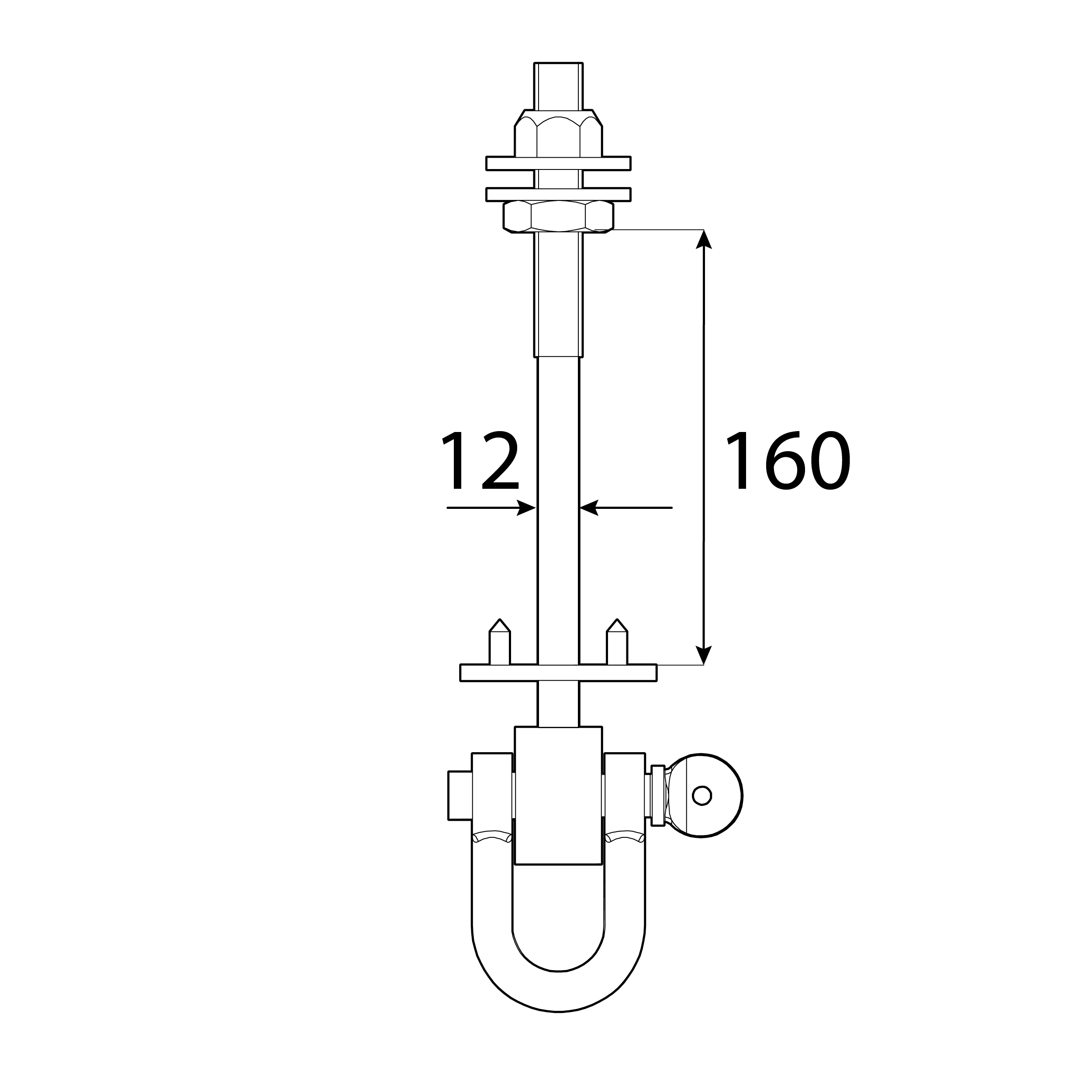Hak huśtawkowy z szelką + bolce zawiesie mocowanie typ D - MHD  | 160 mm | M12