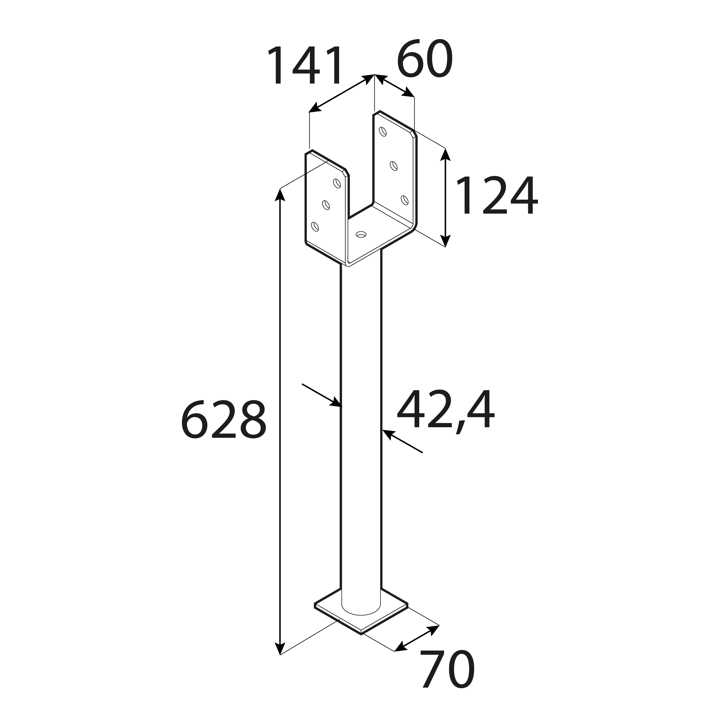 Podstawa słupa kotwa typ U z długa rurą PS 500, 140 mm, 628 mm, 141x628x124x4,0 mm 2, ujęcie 1.