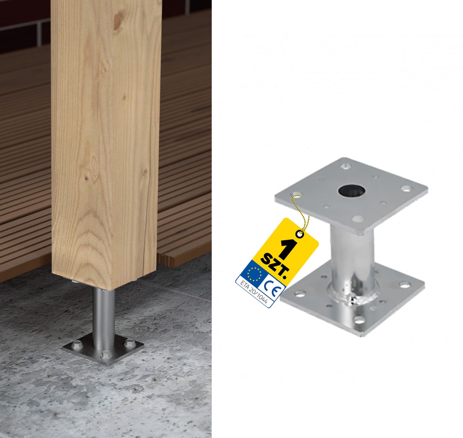Podstawa słupa kotwa wspornik płaska z rurą PMF, 100x100 mm, 150 mm, srebrny.