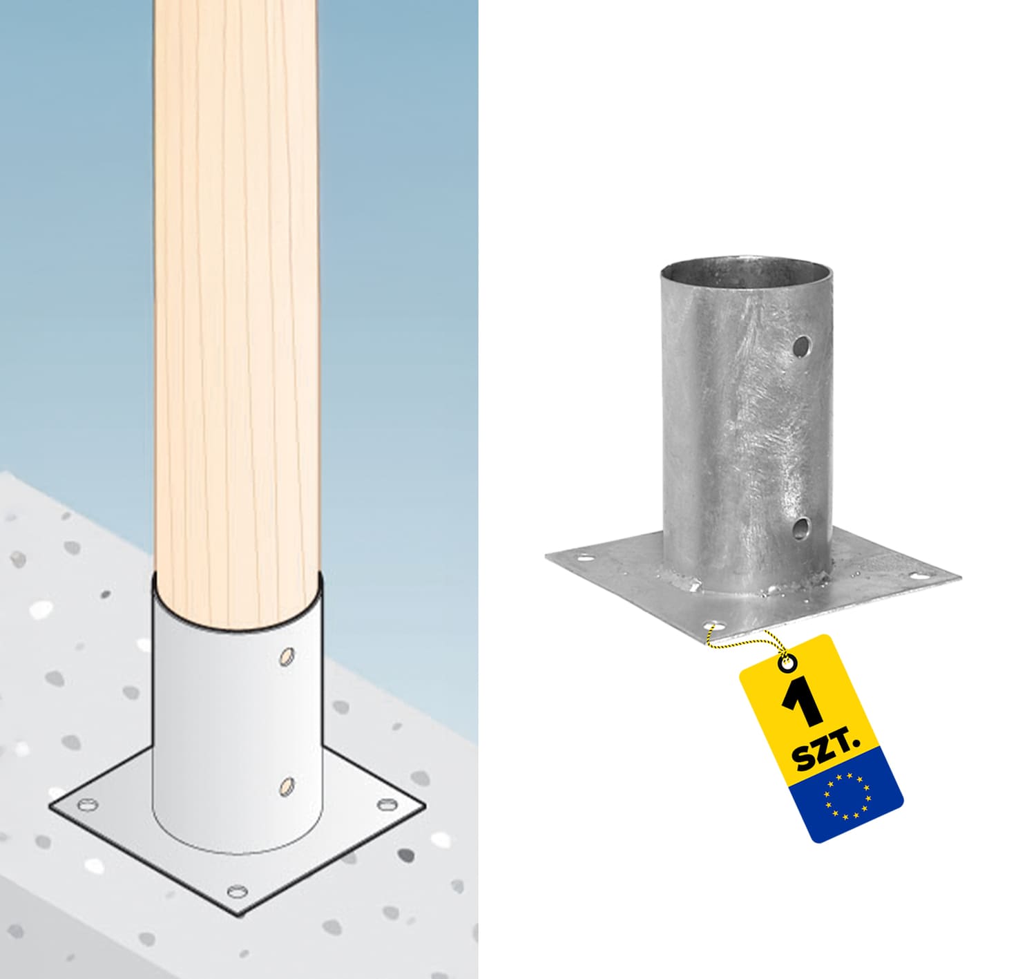 Podstawa słupa kotwa okrągła z podstawą prostokątną PSPO, 80 mm, srebrny, 81x150x2,0 mm, ujęcie produktu.
