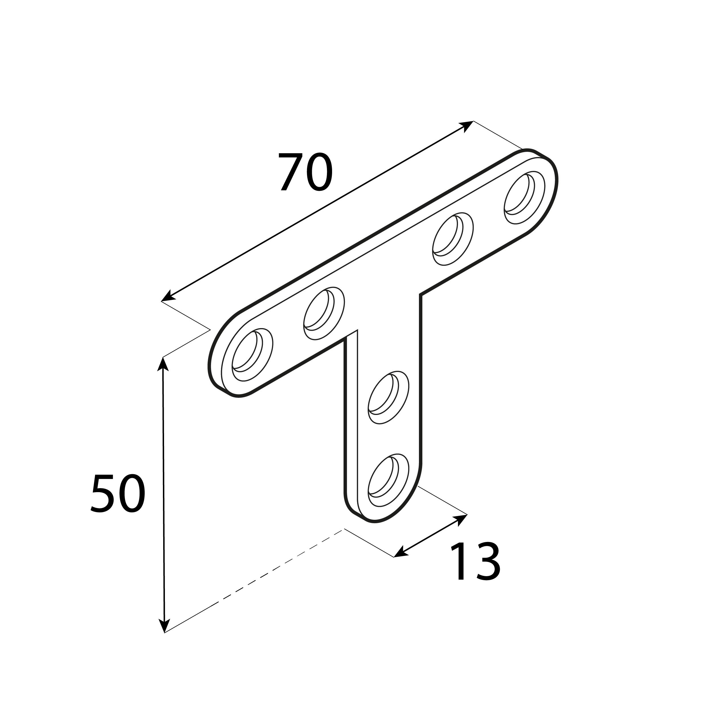 Łącznik płaski metalowy typu T - FKT 70/50 | 70x50x13 mm | 2 mm | Srebrny Łącznik płaski metalowy typu T FKT 70/50, 70x50x13 mm, 2 mm, srebrny, 70x50x13x2,0 mm, Stal konstrukcyjna DC01 50.
