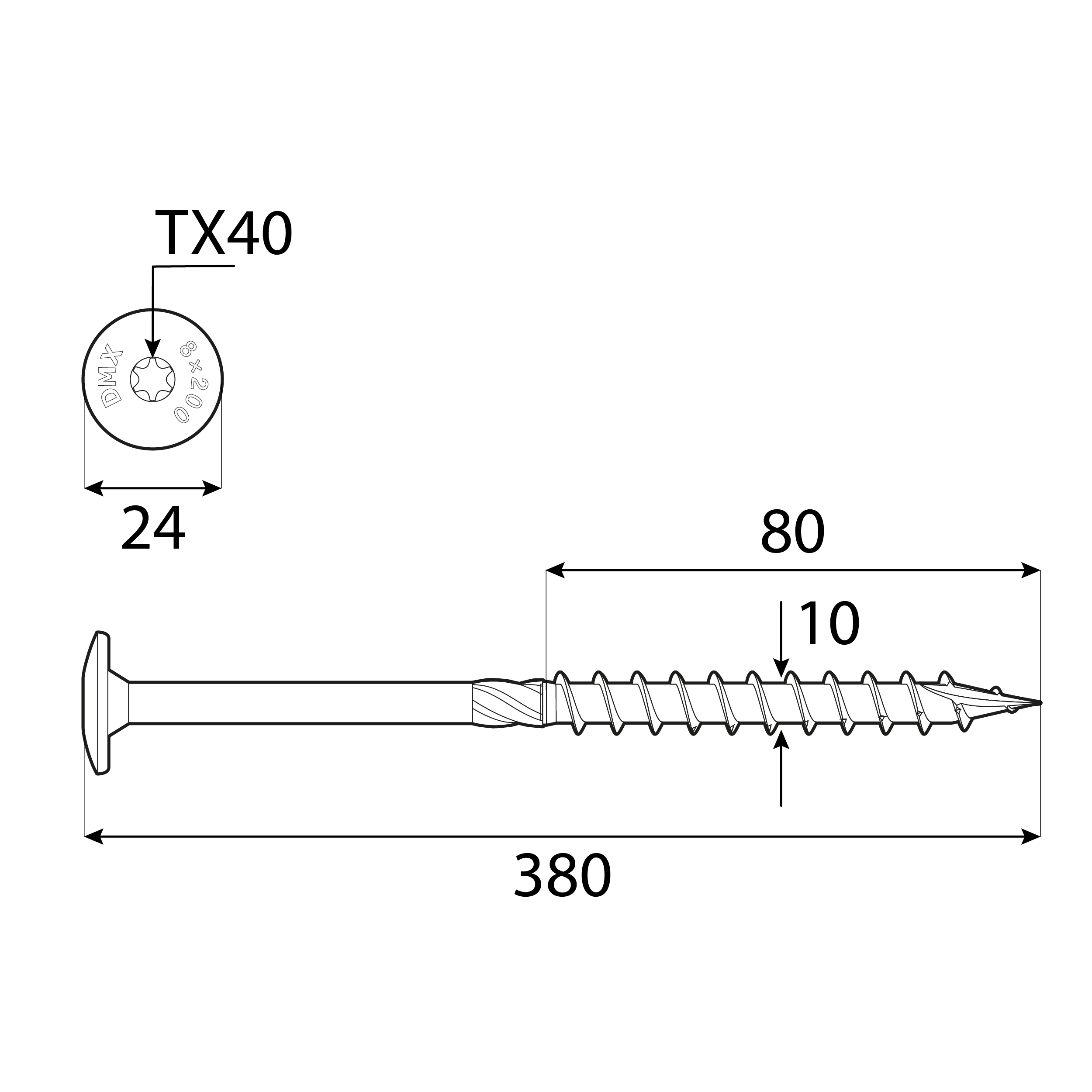 Wkręty ciesielskie do drewna talerzowe TORX - CT | 10 x 380 mm | Złoty | 25 szt Wkręty ciesielskie do drewna talerzowe TORX CT, 10x380 mm, Złoty, 25 szt., 10x380 mm, Hartowana stal węglowa, ujęcie 1.