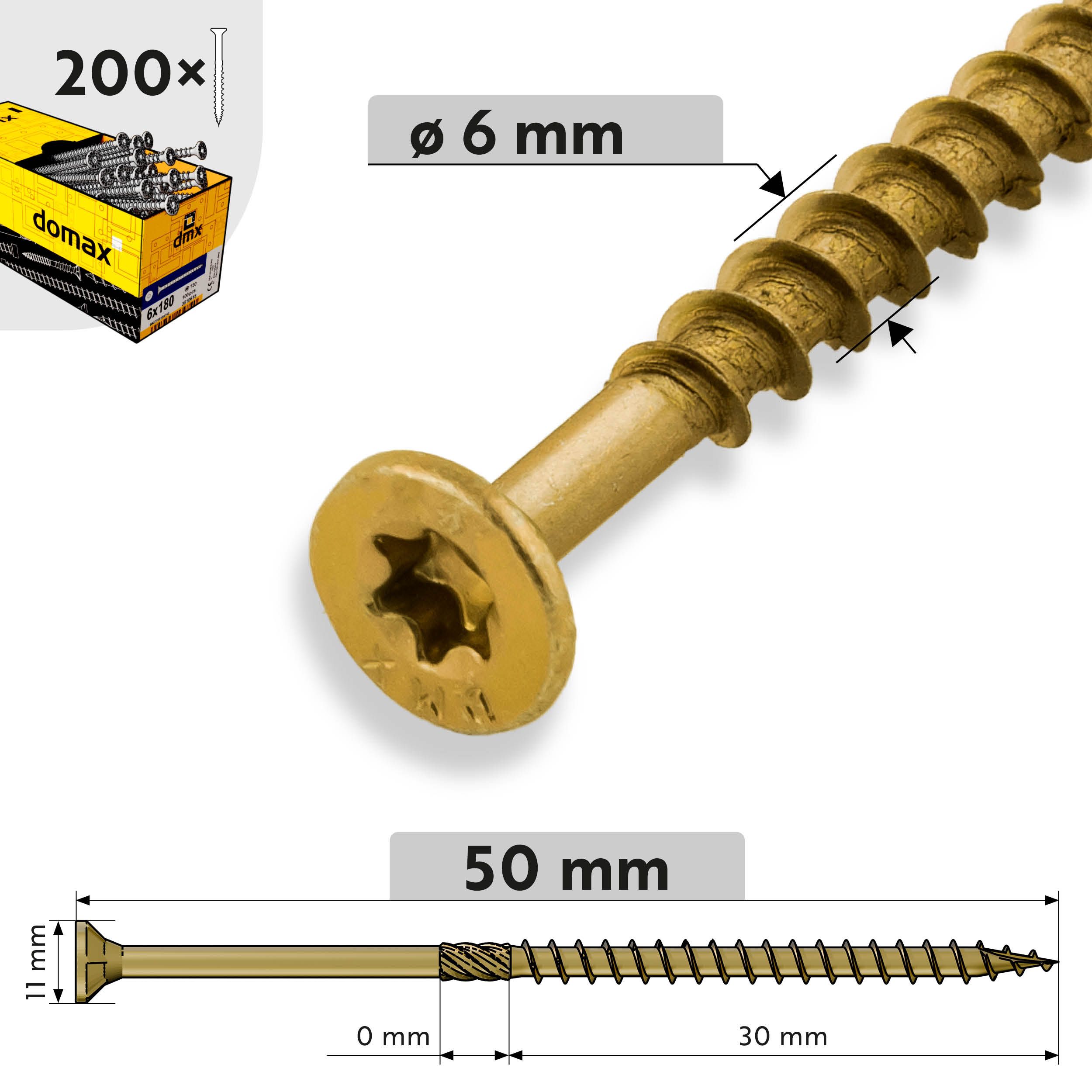 Wkręty ciesielskie do drewna stożkowe TORX - CS | 6 x 50 mm | Złoty | 200 szt Wkręty ciesielskie do drewna stożkowe TORX CS, 6x50 mm, Złoty, 200 szt.