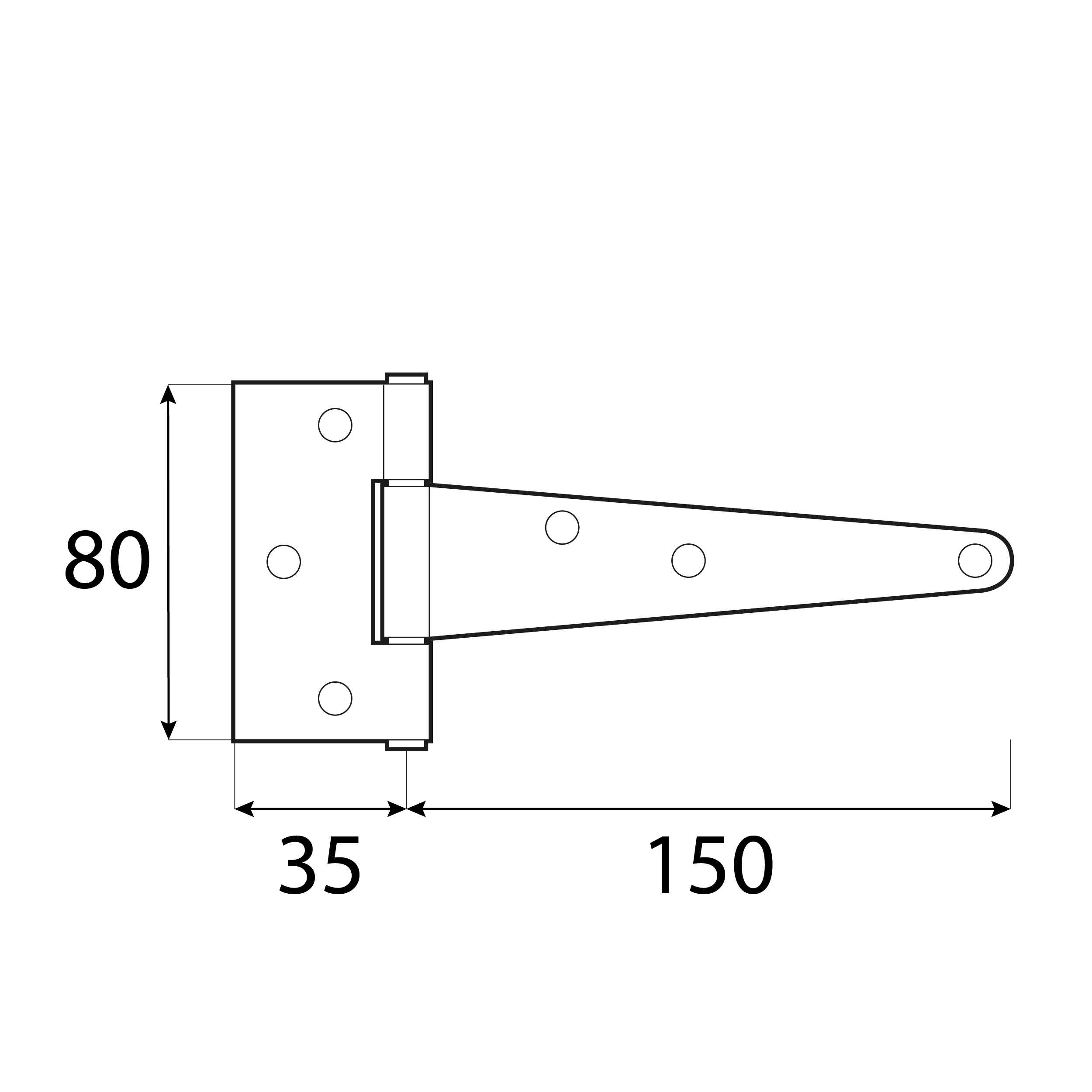 Zawias trójkątny do bramy furtki okiennic ZT 150, 150 mm, czarny, 150x35x80x2,0 mm, Stal konstrukcyjna DC01 2.