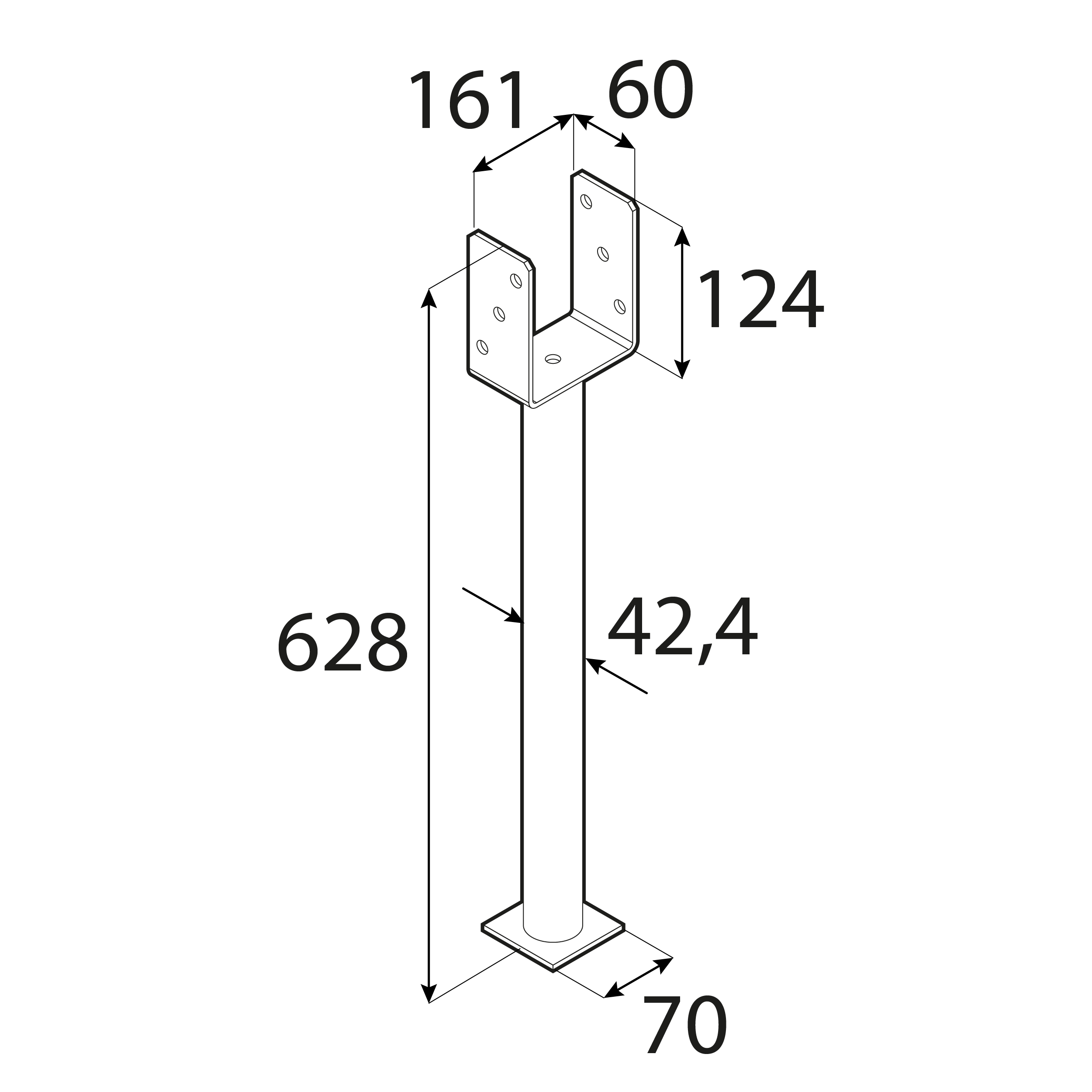 Podstawa słupa kotwa typ U z długa rurą PS 500, 160 mm, 628 mm, 161x628x124x4,0 mm 2, ujęcie 1.