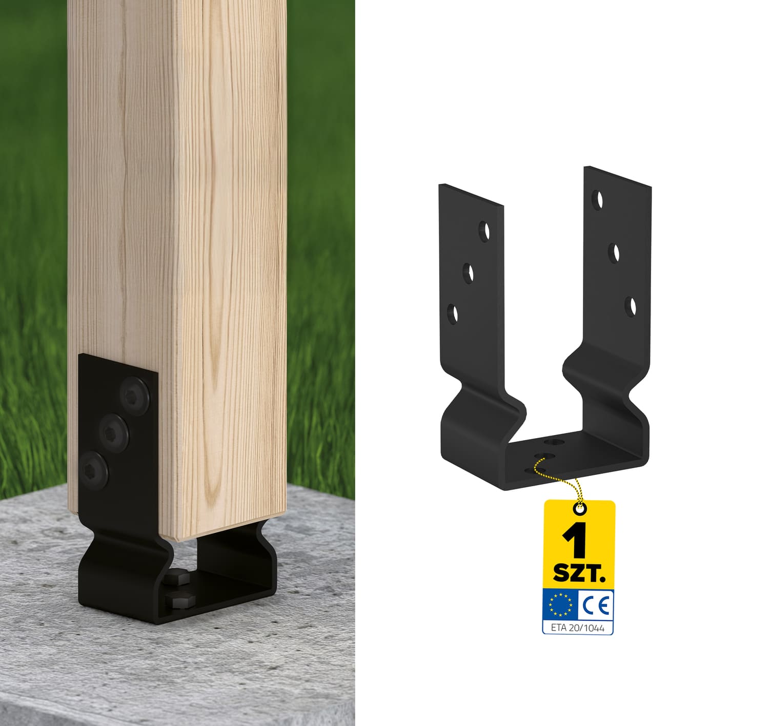 Podstawa słupa kotwa przykręcana do betonu typ U z odsadzeniem - PSOZ | 100 mm | Czarny Podstawa słupa kotwa przykręcana do betonu typ U z odsadzeniem PSOZ, 100 mm, czarny, 101x150x60x4,0 mm, ujęcie produktu.
