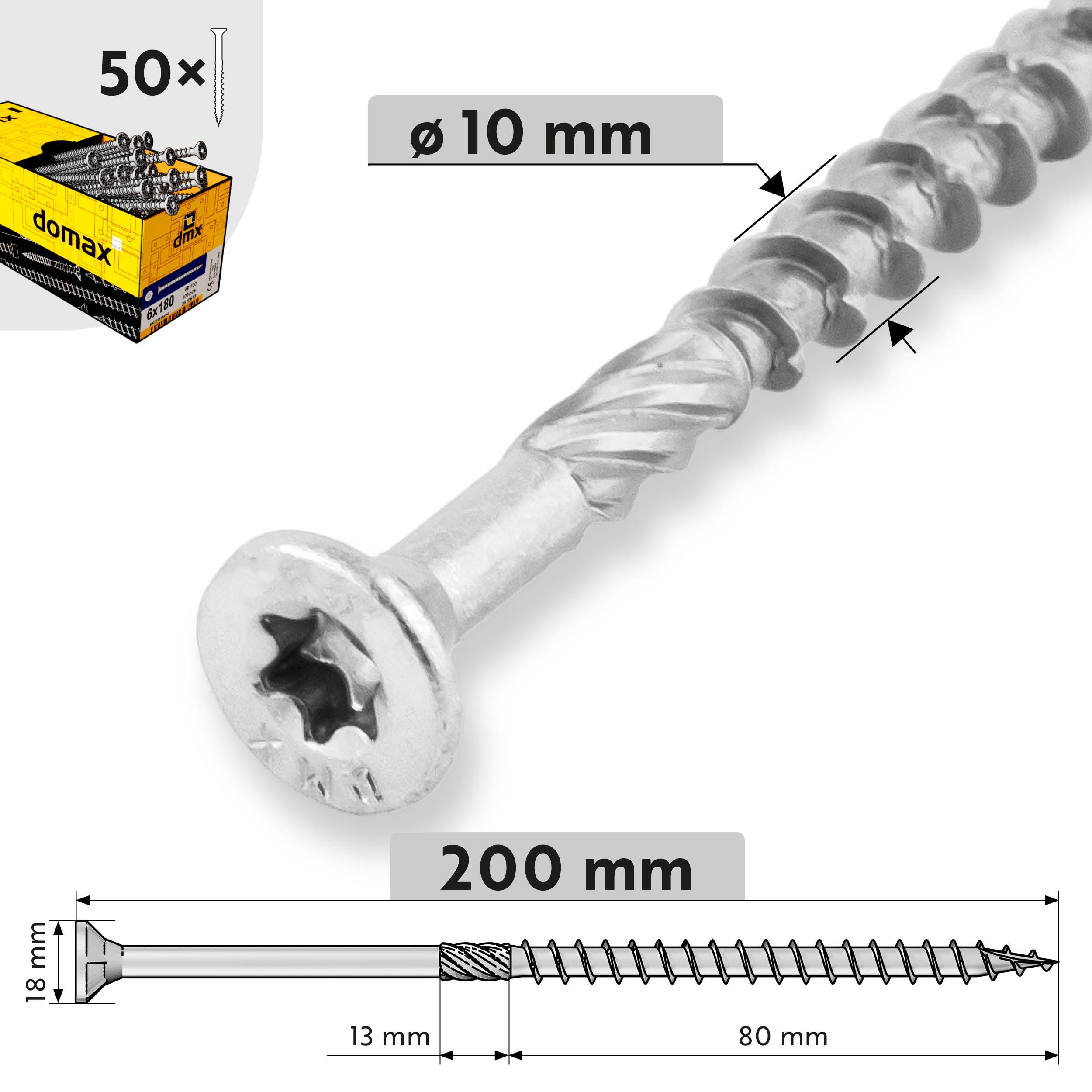 Wkręty ciesielskie do drewna stożkowe TORX - CS | 10 x 200 mm | Srebrny | 50 szt Wkręty ciesielskie do drewna stożkowe TORX - CS | 10 x 200 mm | Srebrny | 50 szt