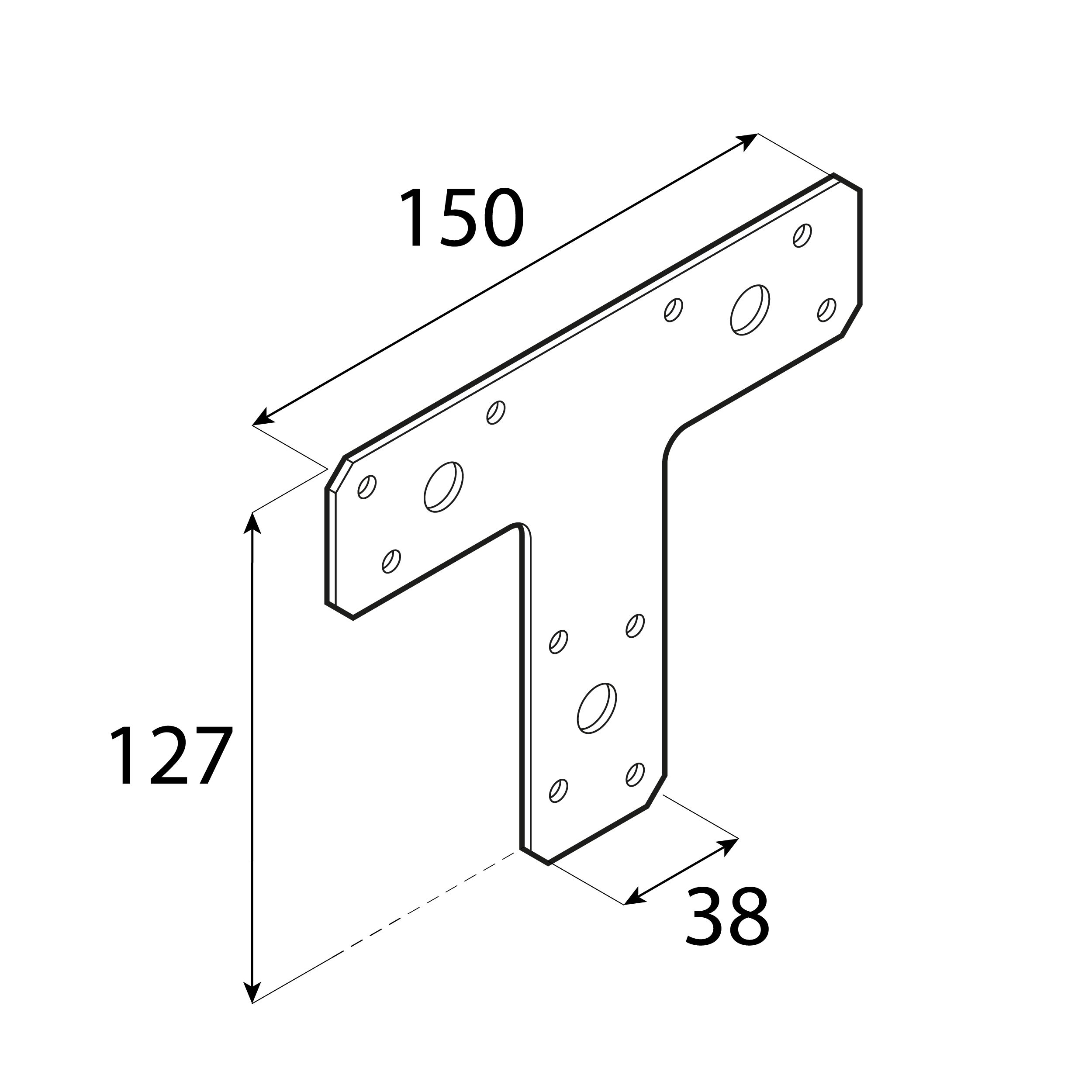 Łącznik płaski metalowy typu T KT 2, 150x127x38 mm, 2 mm, srebrny, 150x127x38x2,0 mm, Stal konstrukcyjna DX51D, ujęcie 1.