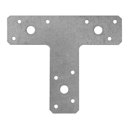 Łącznik płaski metalowy typu T KT 2, 150x127x38 mm, 2 mm, srebrny, 150x127x38x2,0 mm, Stal konstrukcyjna DX51D, w zestawie elementów.