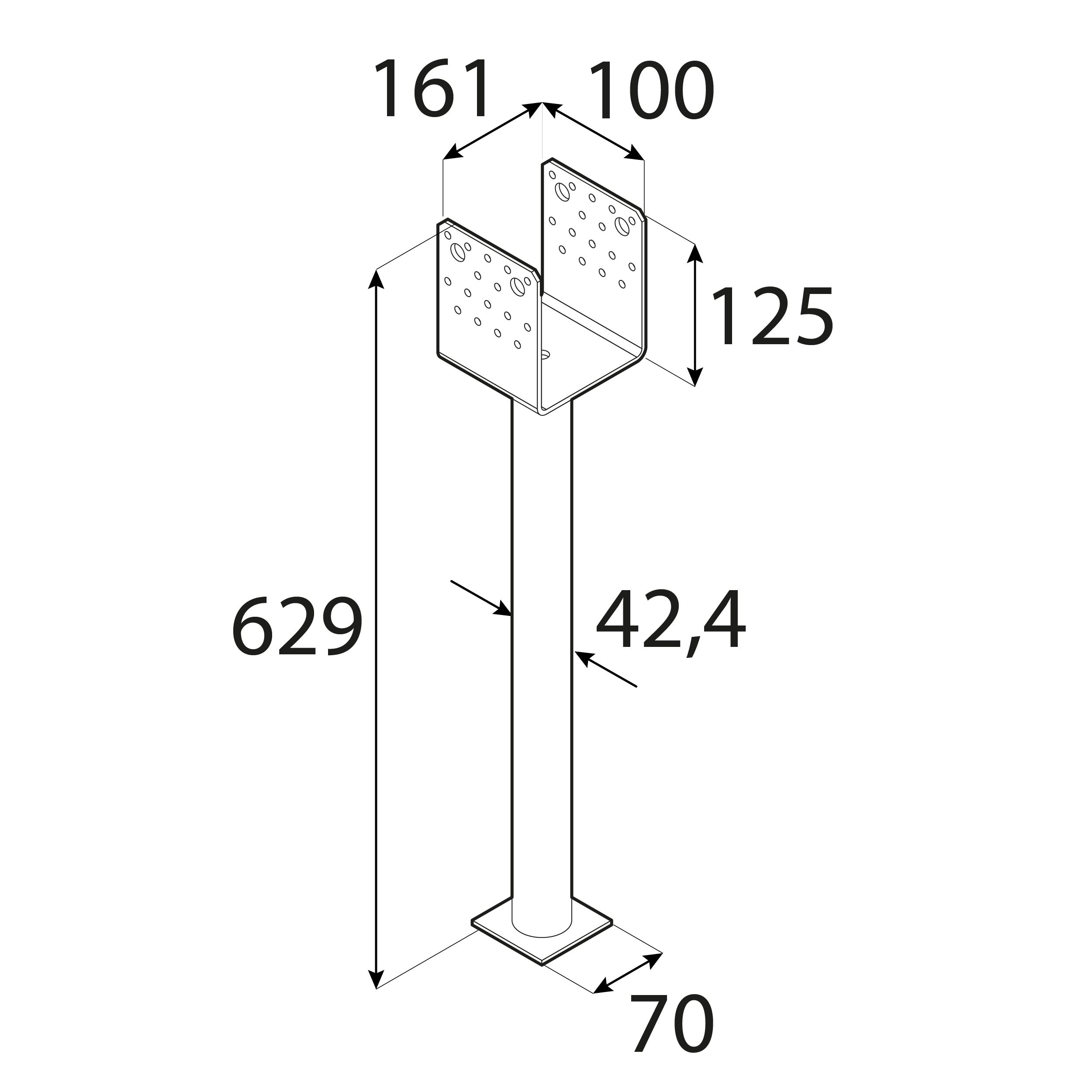 Podstawa słupa typ U wielopunktowa długa rura PSS 160 R500, 160x629 mm, 161x629x120x4,0 mm.