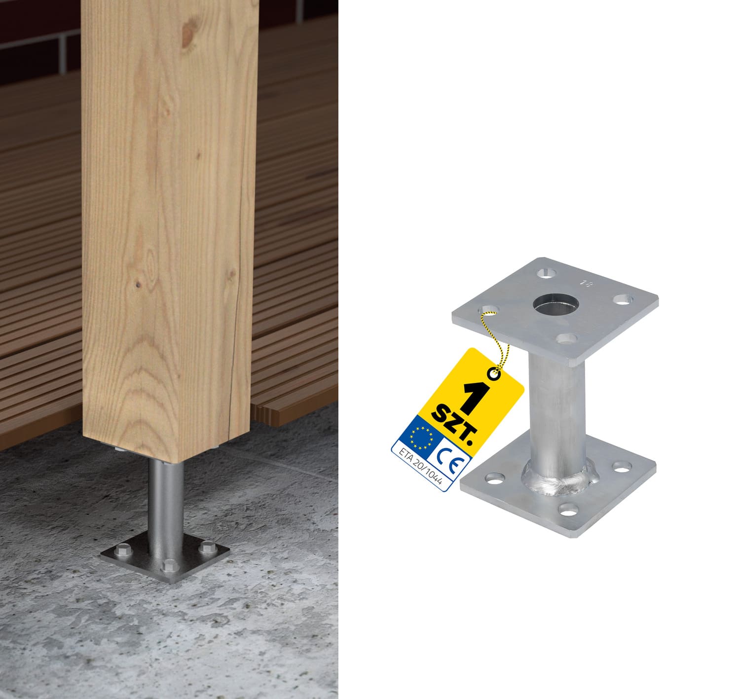 Podstawa słupa kotwa wspornik płaska z rurą - PMF | 80x80 mm | 100 mm | Srebrny Podstawa słupa kotwa wspornik płaska z rurą PMF, 80x80 mm, 100 mm, srebrny.