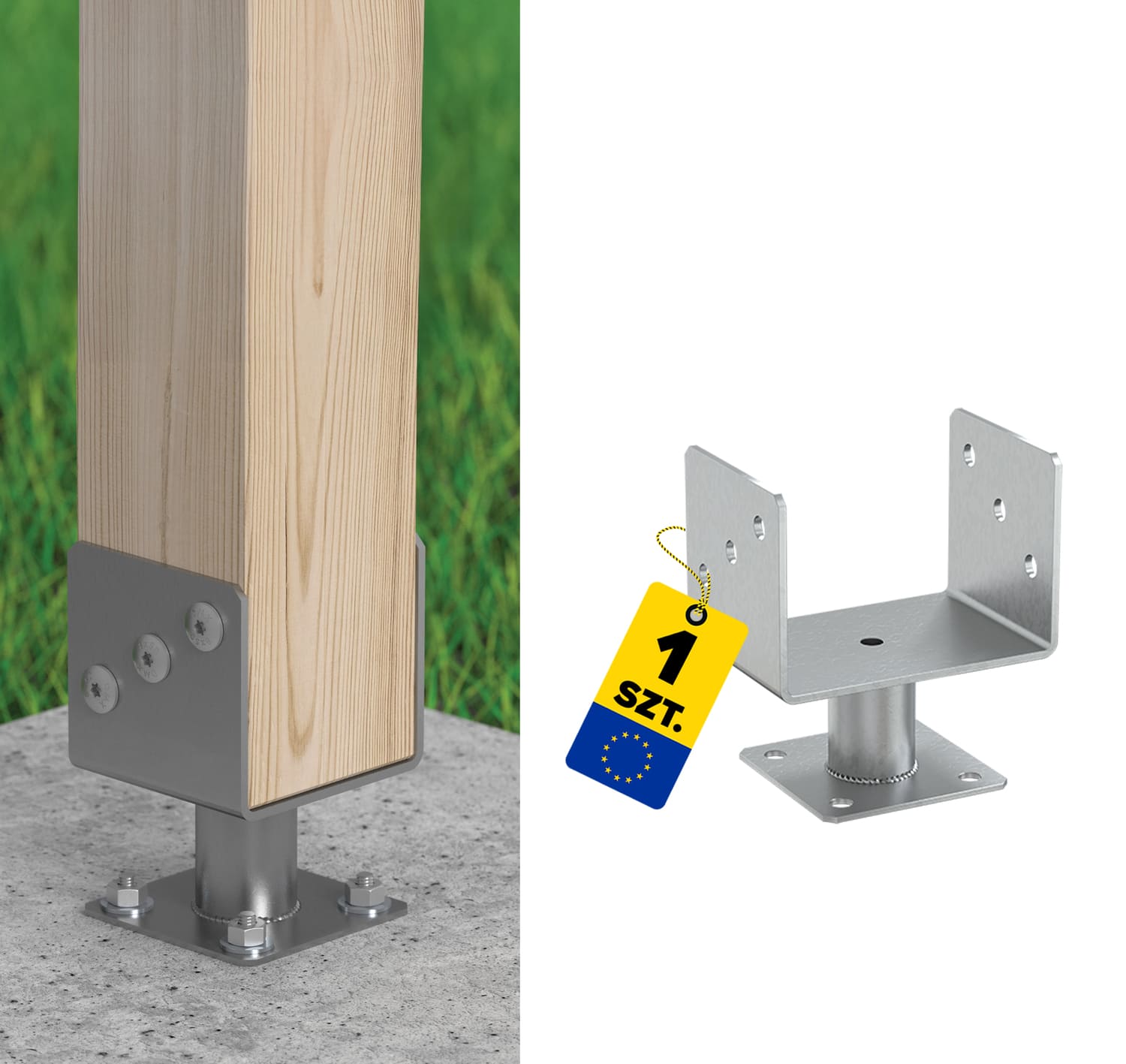 Podstawa słupa kotwa przykręcana typ U z rurą - PMFU | 140 mm | 163 mm | Srebrny