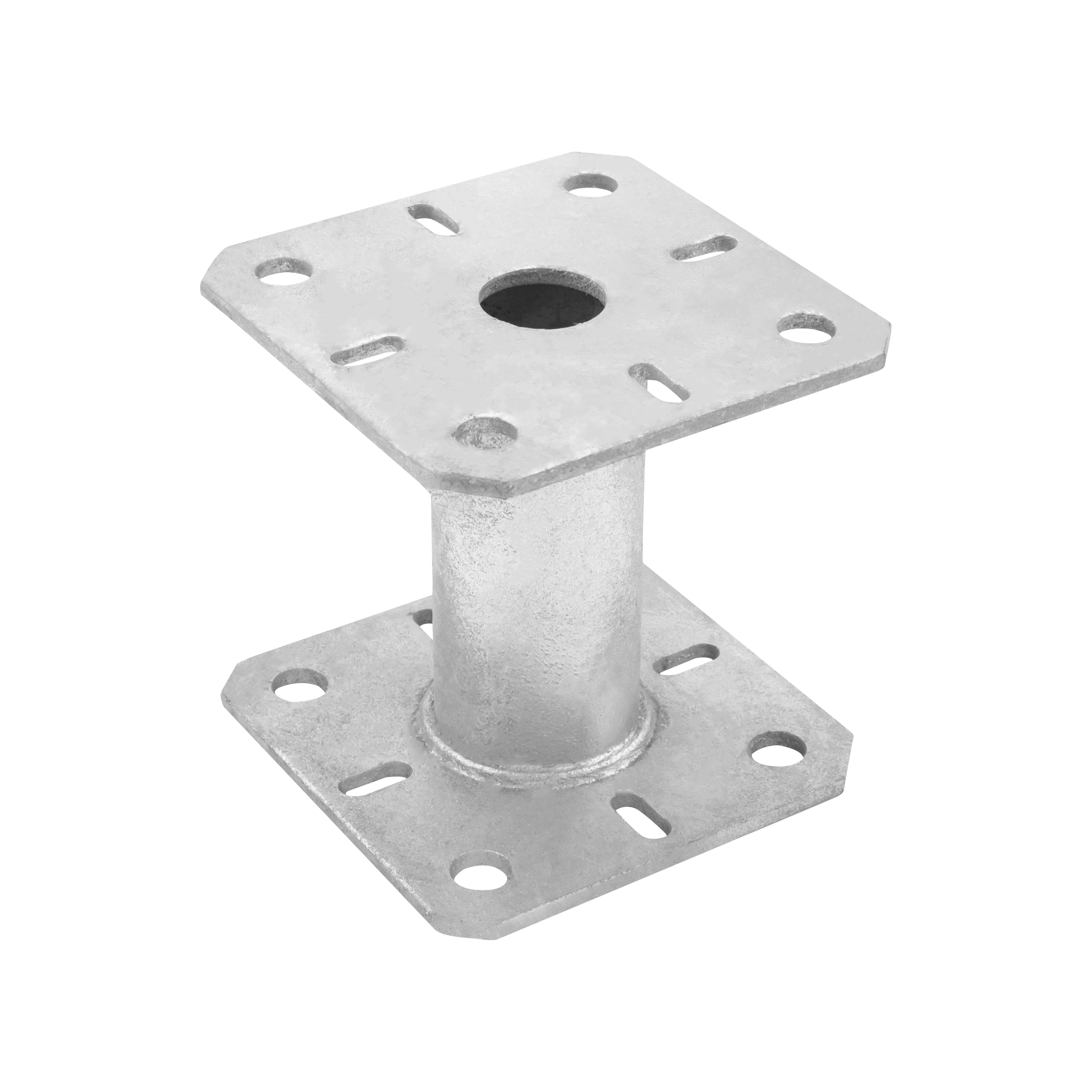 Podstawa słupa kotwa wspornik płaska z rurą - PMF | 100x100 mm | 100 mm | Srebrny Podstawa słupa kotwa wspornik płaska z rurą PMF, 100x100 mm, 100 mm, srebrny, 100x100x100x4,0 mm.