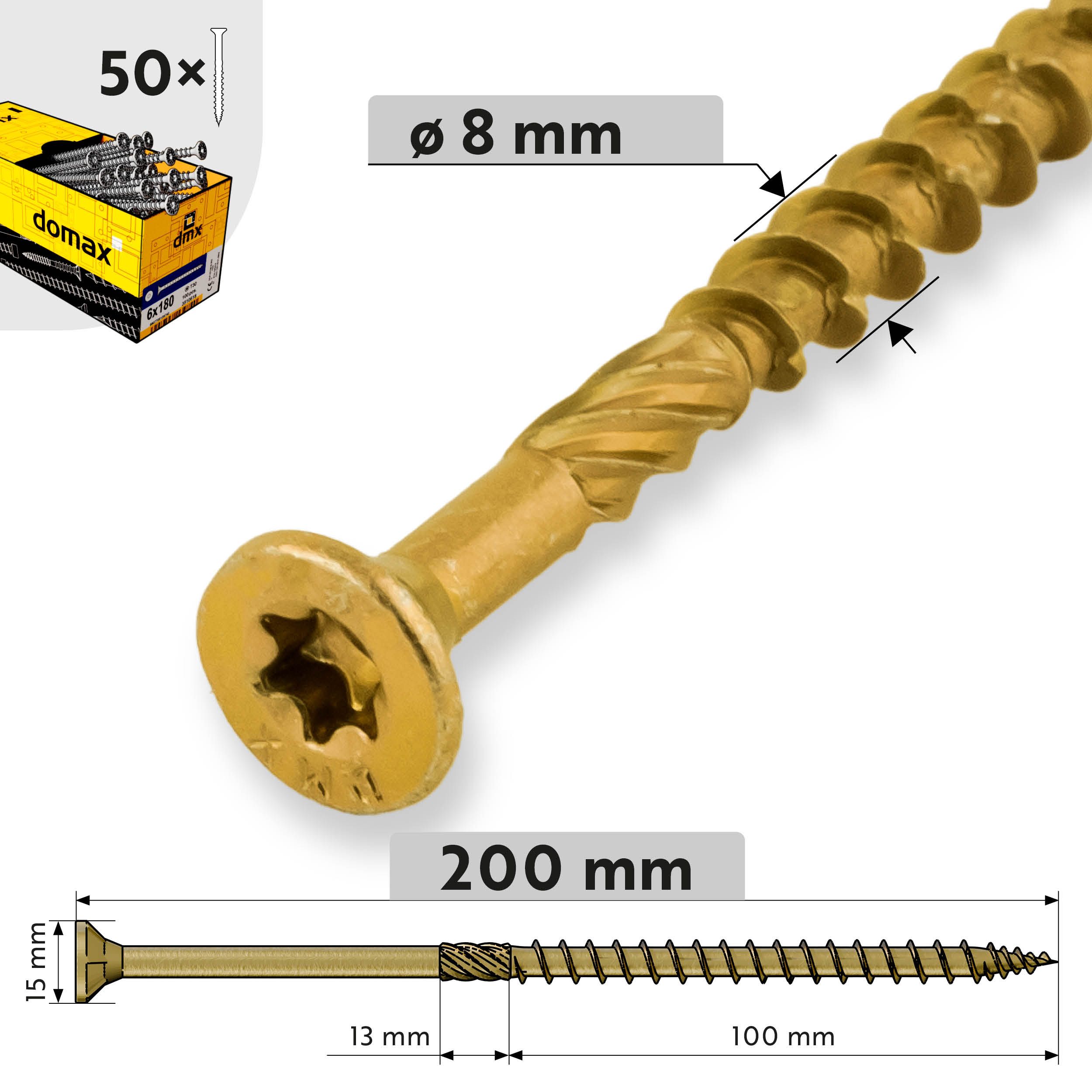 Wkręty ciesielskie do drewna stożkowe TORX - CS | 8 x 200 mm | Złoty | 50 szt