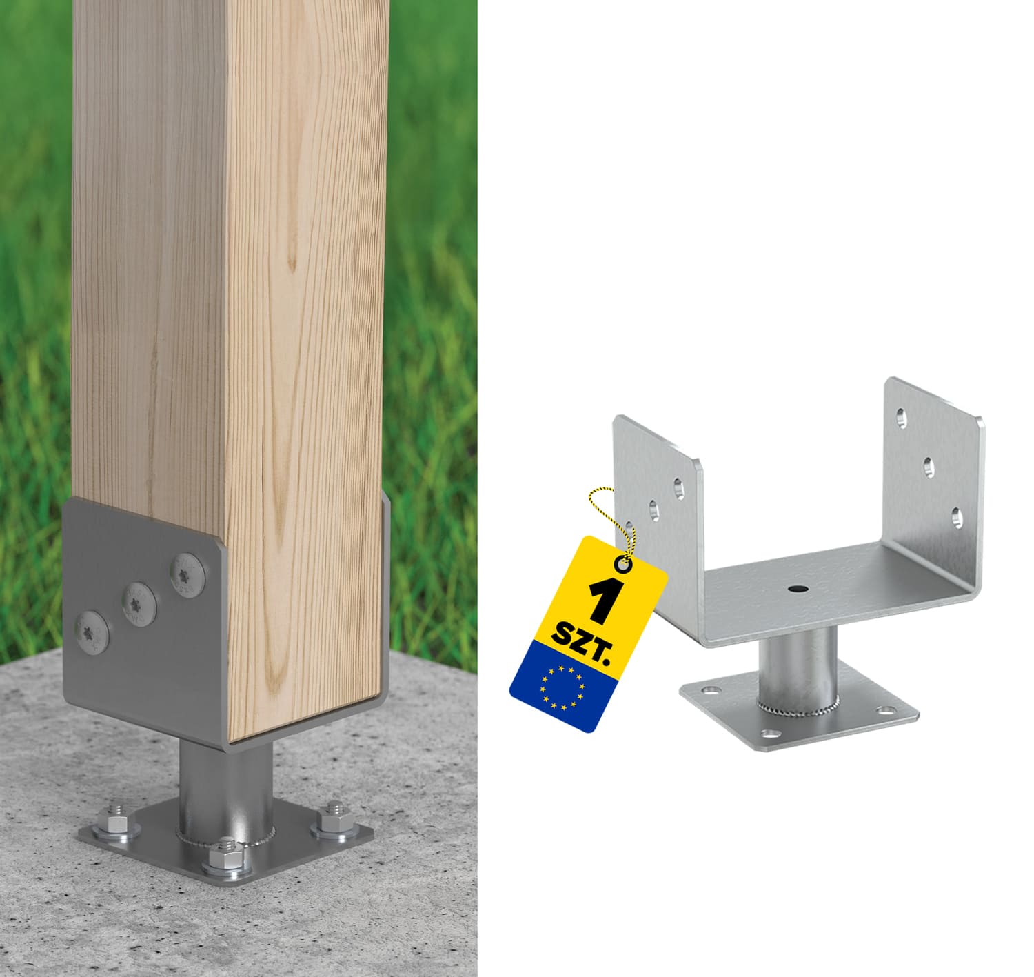 Podstawa słupa kotwa przykręcana typ U z rurą PMFU, 160 mm, 163 mm, srebrny.