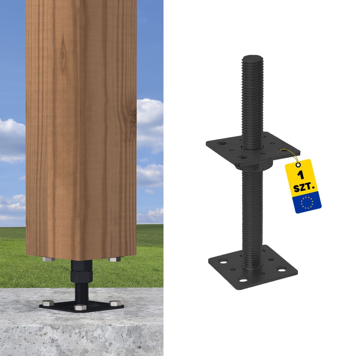 Podstawa słupa kotwa płaska gwintowana regulowana wysokość PSR, 80x250 mm, M24, czarny, ujęcie produktu.