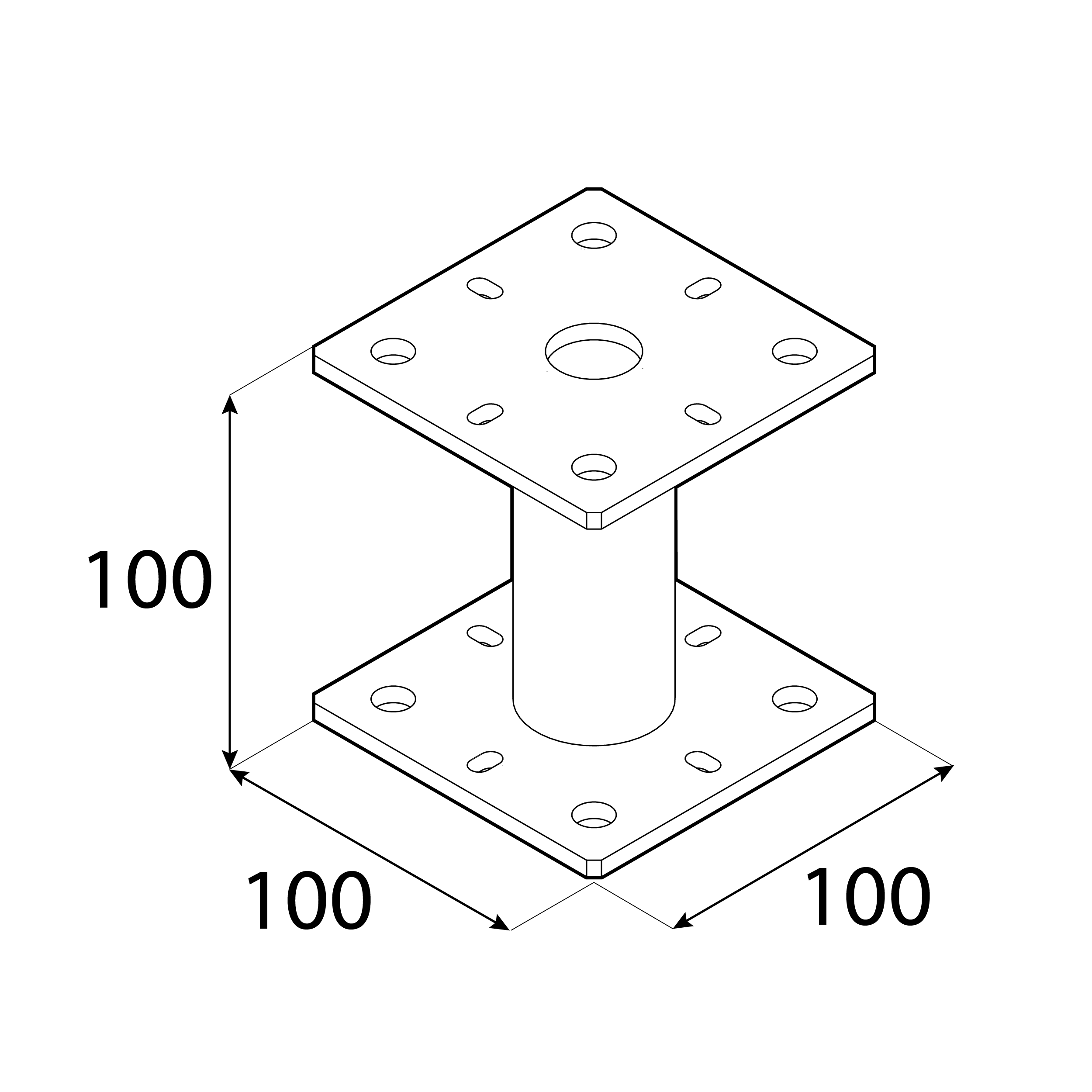 Podstawa słupa kotwa wspornik płaska z rurą PMF, 100x100 mm, 100 mm, srebrny, 100x100x100x4,0 mm 100.