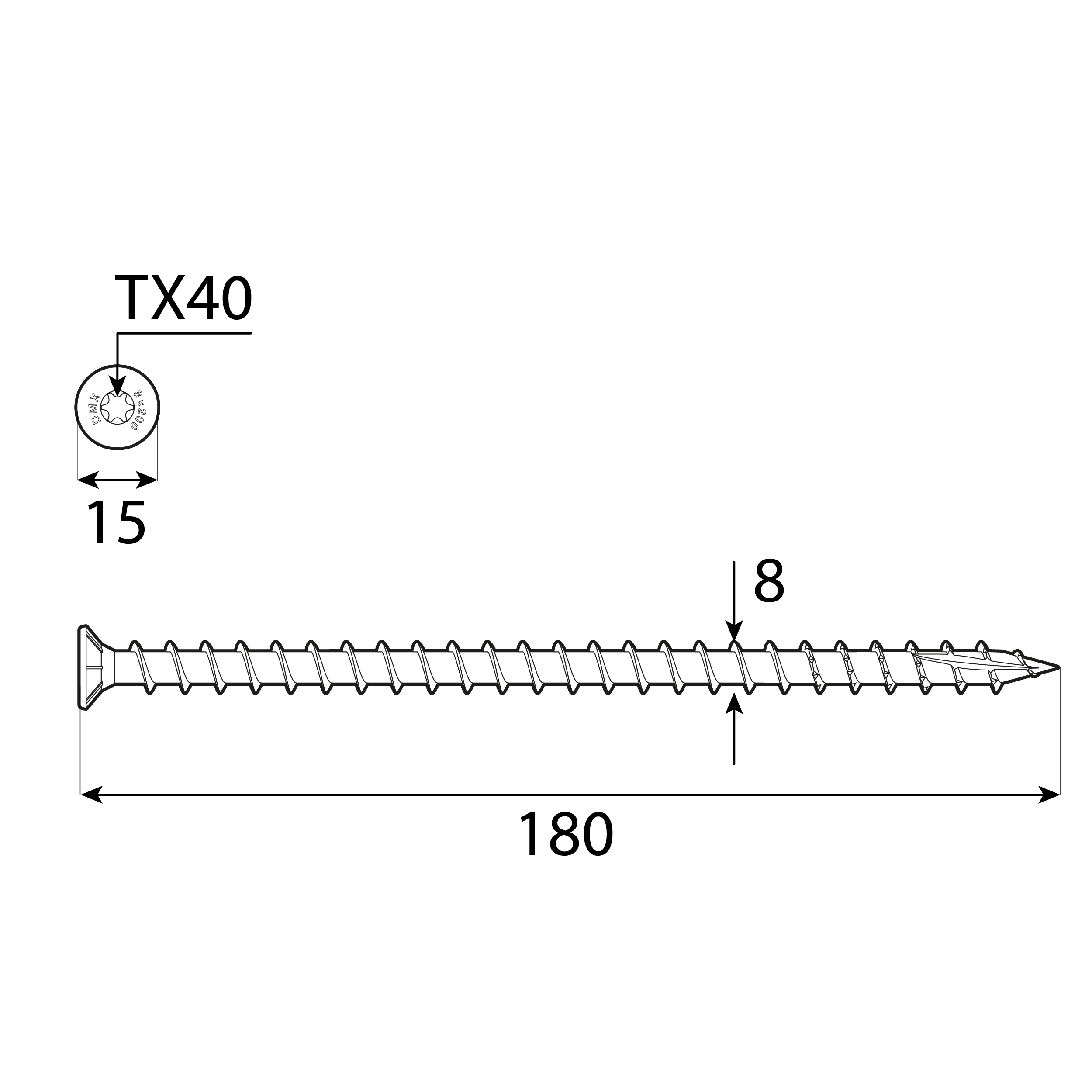 Wkręty z pełnym gwintem konstrukcyjne z łbem stożkwym TORX CPS, 8x180 mm, srebrny, 50 szt., 8x180 mm, Hartowana stal węglowa, ujęcie 1.