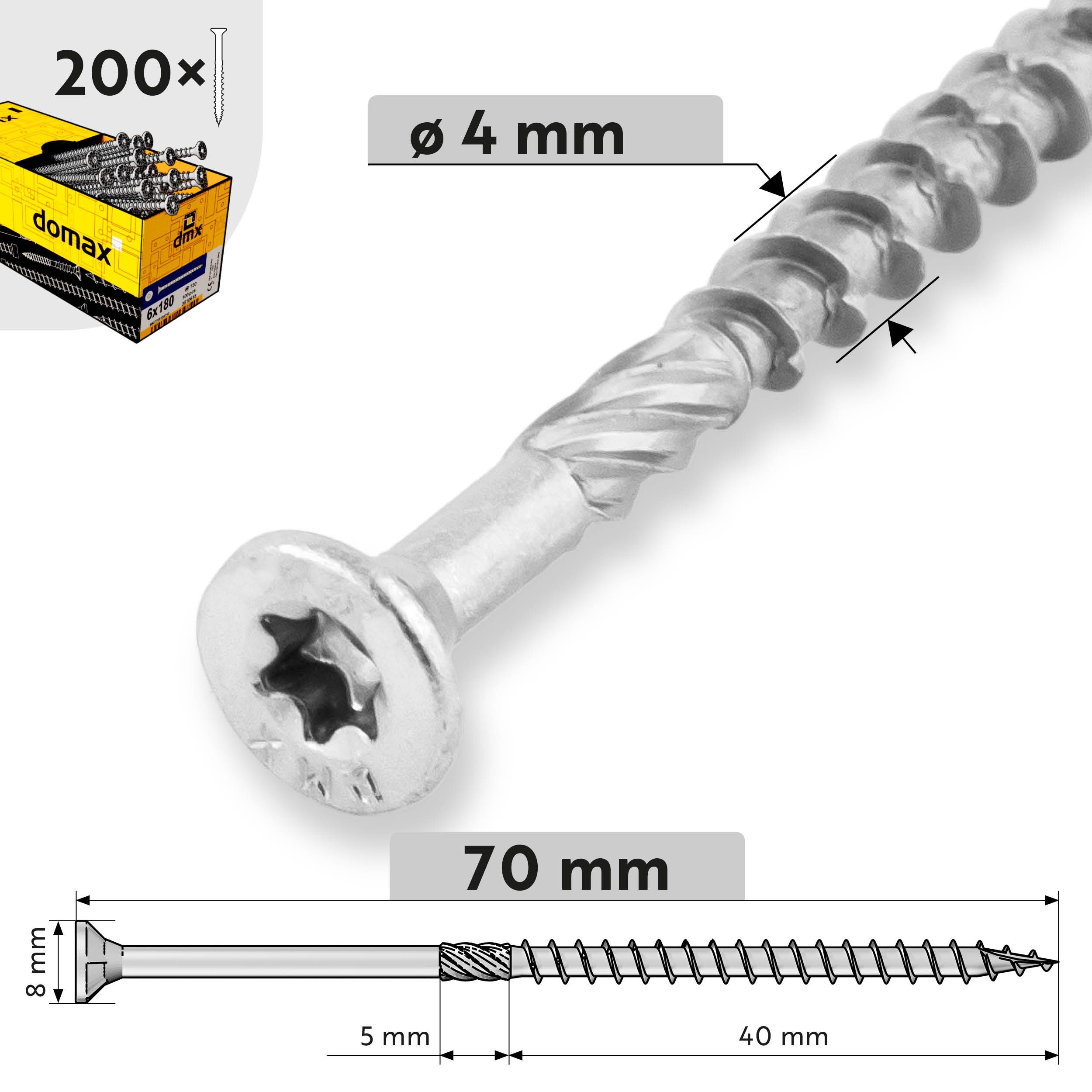 Wkręty ciesielskie do drewna stożkowe TORX - CS | 4 x 70 mm | Srebrny | 200 szt Wkręty ciesielskie do drewna stożkowe TORX CS, 4x70 mm, srebrny, 200 szt., 4x70 mm, ujęcie produktu.
