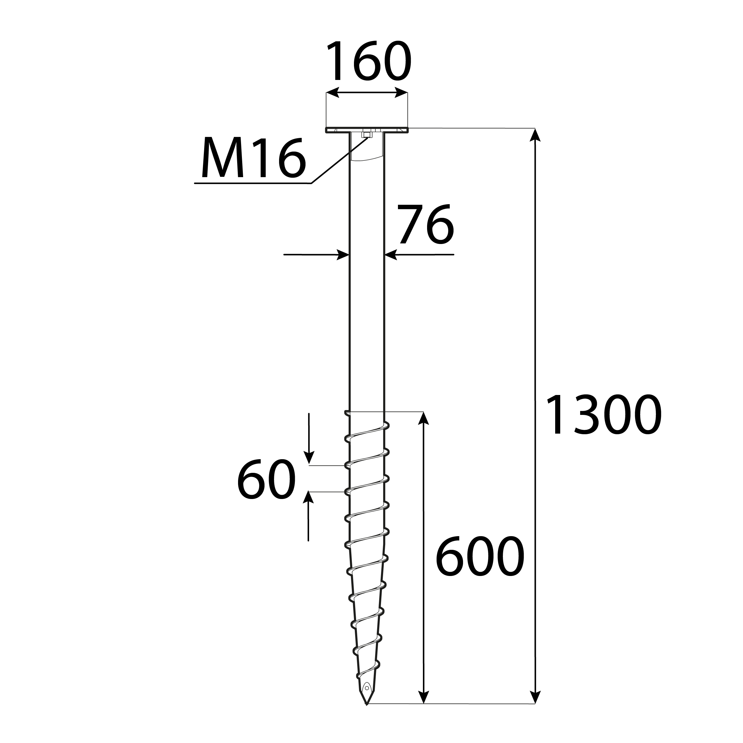 Podstawa słupa wkręcana do gruntu do dużych konstrukcji - PWM | 76x1300 mm Podstawa słupa wkręcana do gruntu do dużych konstrukcji PWM, 76x1300 mm, 76x1300x3,0 mm 130.