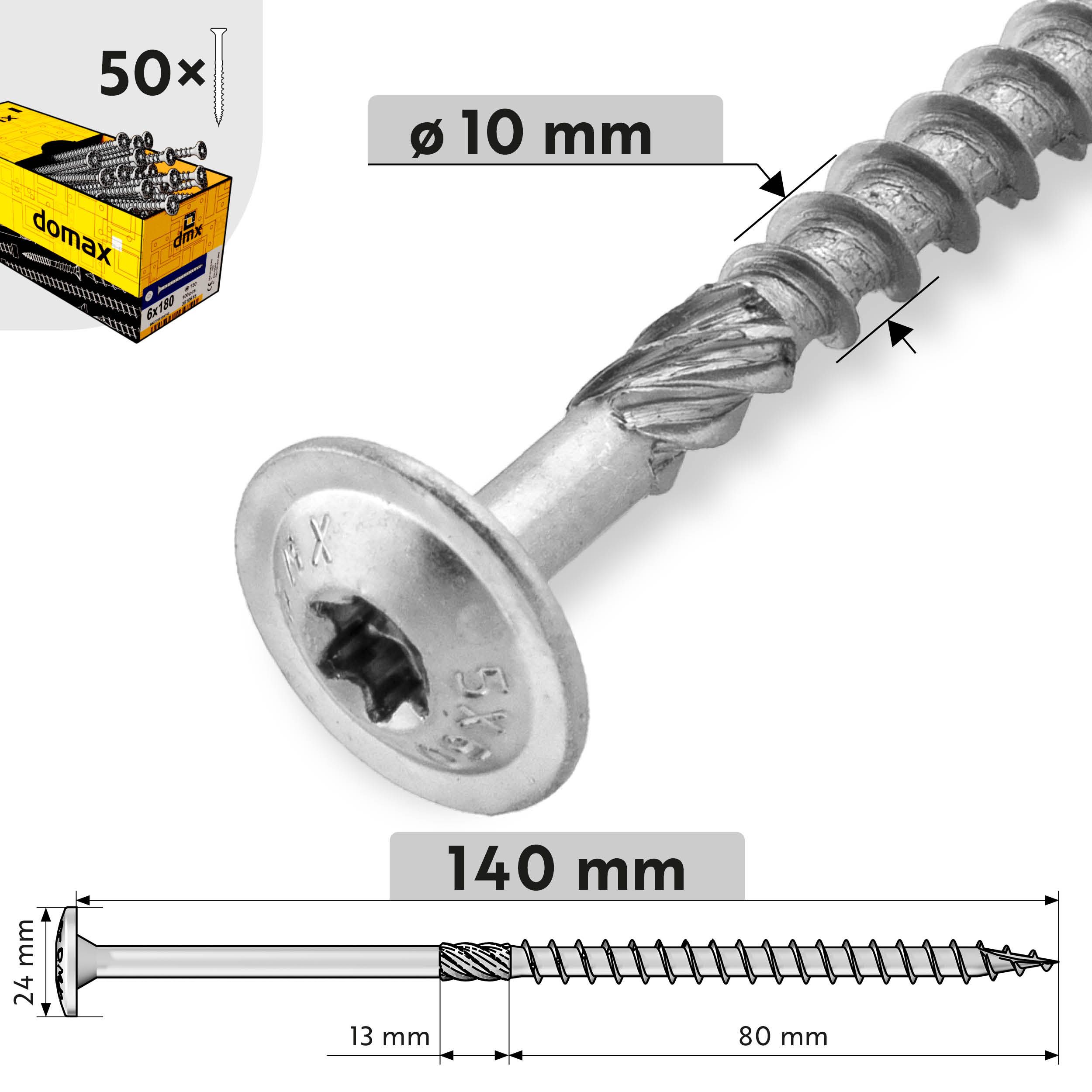 Wkręty ciesielskie do drewna talerzowe TORX CT, 10x140 mm, srebrny, 50 szt., 10x140 mm, Hartowana stal węglowa.