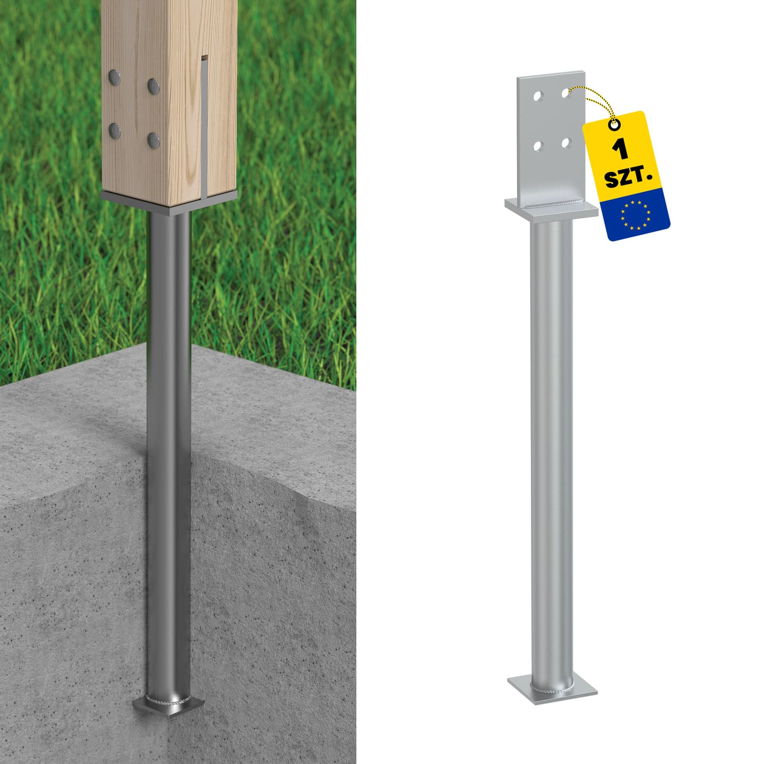 Podstawa słupa typu T wpuszczana długa rura PSW 70 R500, 70-80 mm, 641 mm.