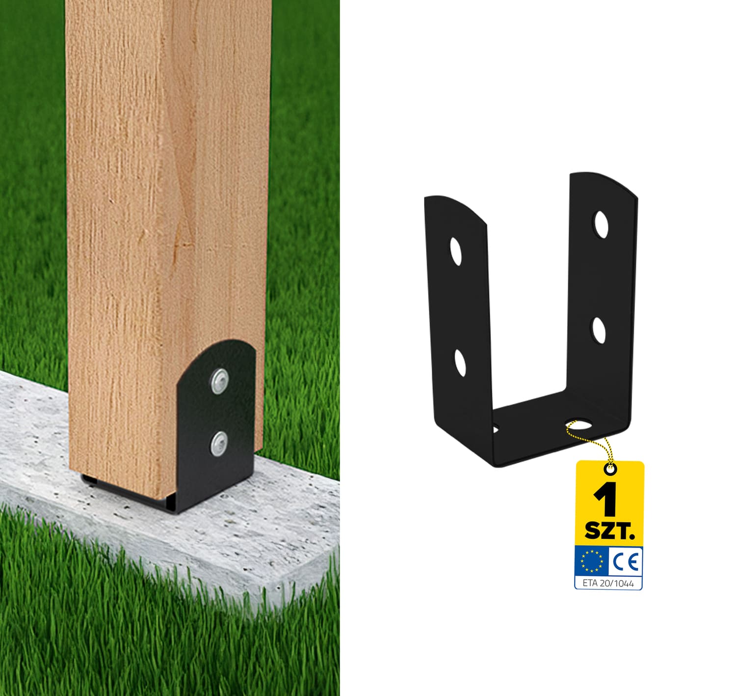 Podstawa słupa kotwa przykręcana do betonu typ U lekka PSOL, 60 mm, czarny, 61x45x100x2,0 mm, ujęcie produktu.