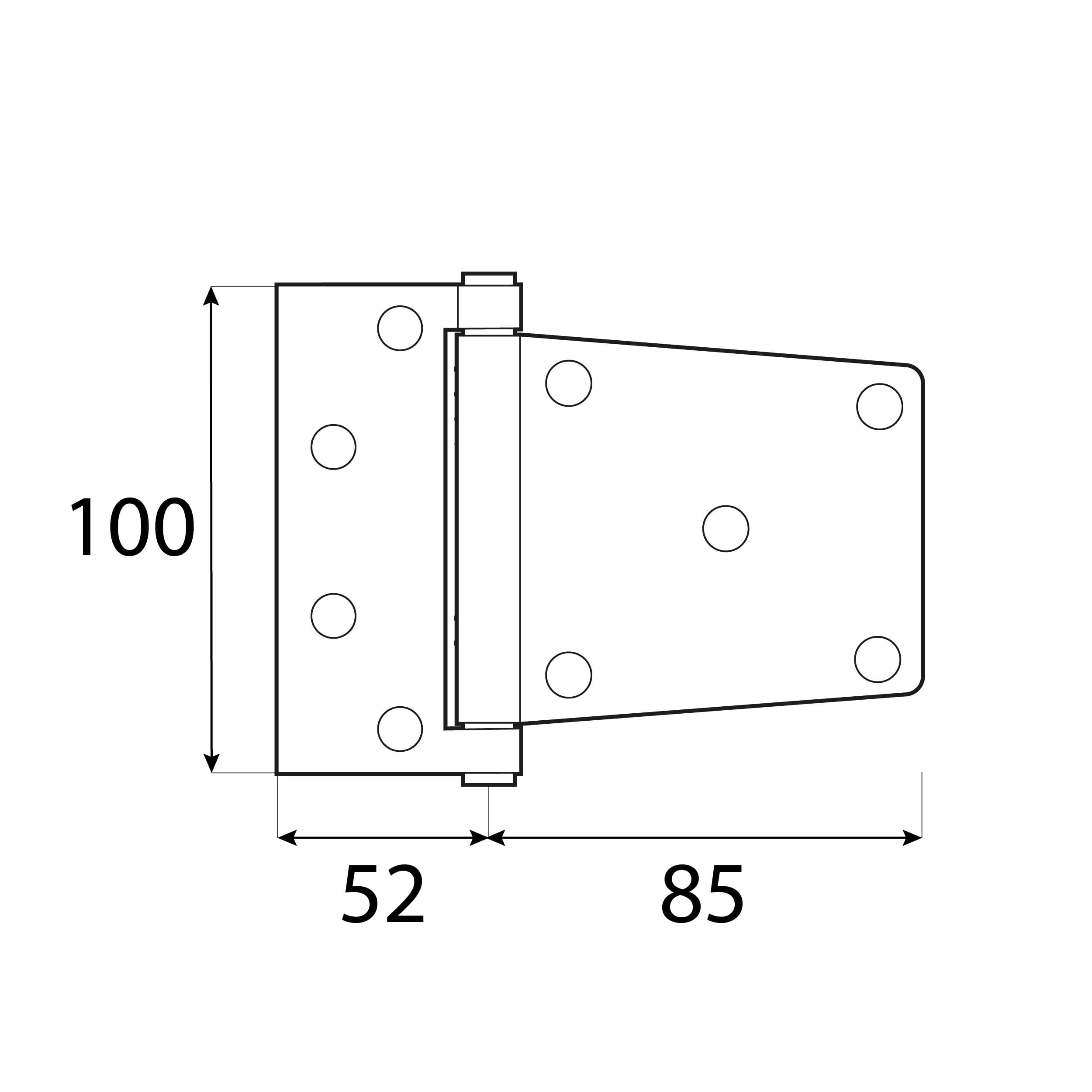 Zawias bramowy do furtek bram drzwi - ZBS | czarny | 85 mm Zawias bramowy do furtek bram drzwi ZBS, czarny, 85 mm, 85x52x100x2,5 mm, Stal konstrukcyjna DC01 2.