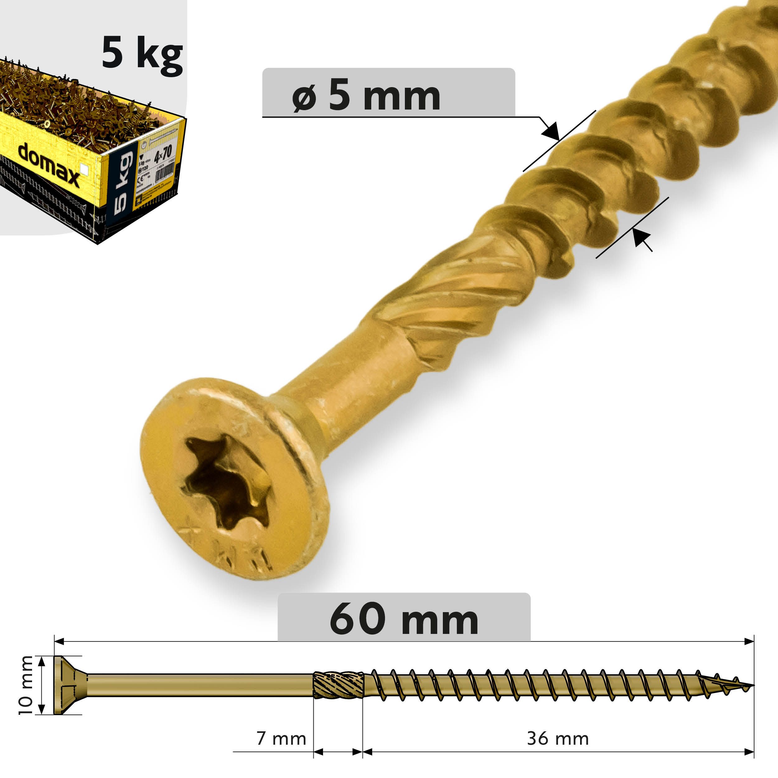 Wkręty ciesielskie do drewna stożkowe TORX - CS | 5 x 60 mm | Złoty | 5 kg Wkręty ciesielskie do drewna stożkowe TORX CS, 5x60 mm, Złoty, 5 kg, ujęcie produktu.