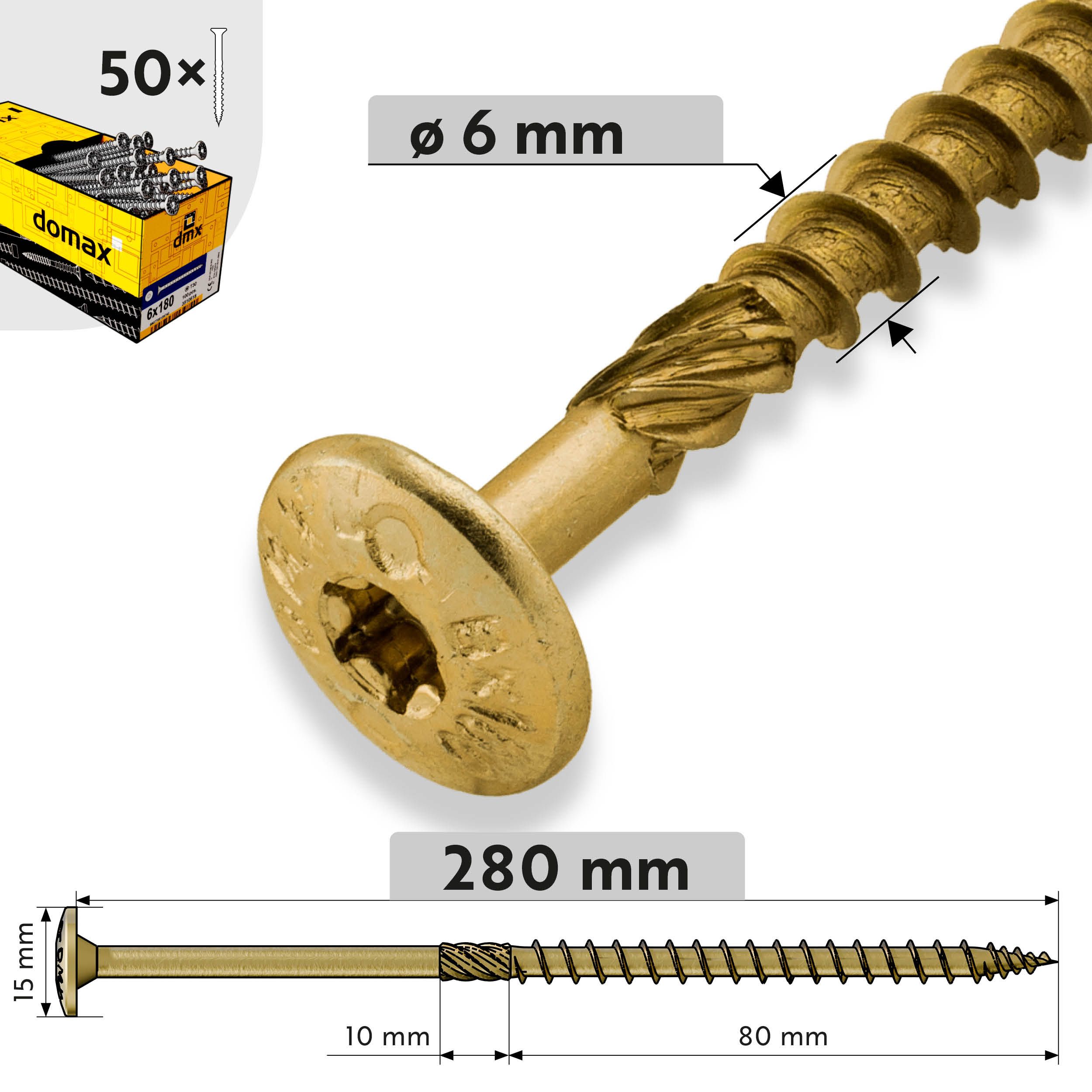 Wkręty ciesielskie do drewna talerzowe TORX - CT | 6 x 280 mm | Złoty | 50 szt Wkręty ciesielskie do drewna talerzowe TORX CT, 6x280 mm, Złoty, 50 szt., 6x280 mm, Hartowana stal węglowa, ujęcie produktu.