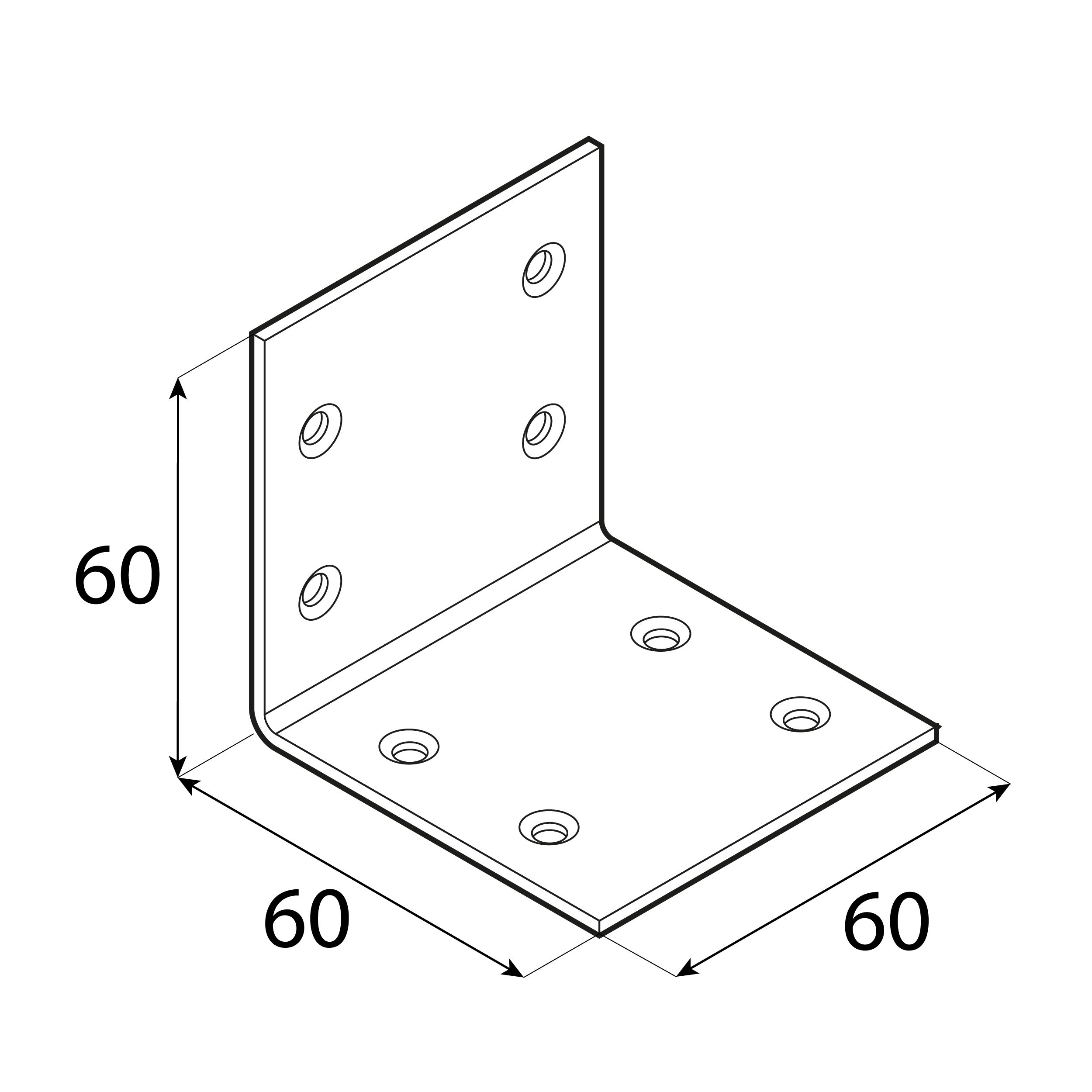 Kątownik meblowy stolarski szeroki KS 3, 60x60x60 mm, 20 szt., 60x60x60x2,0 mm, Stal konstrukcyjna DC01, Złoty.