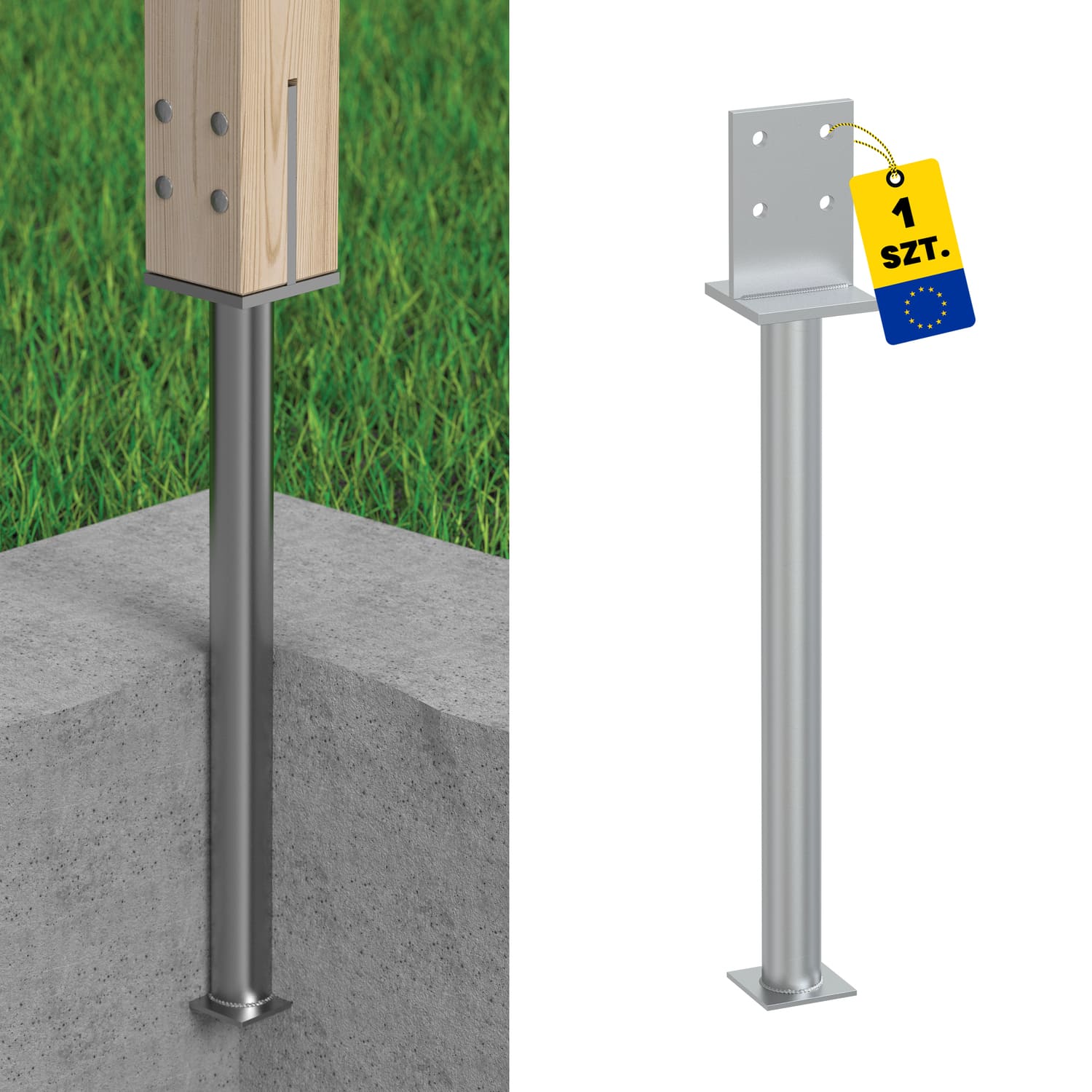 Podstawa słupa typu T wpuszczana długa rura PSW 90 R500, 90-120 mm, 641 mm.